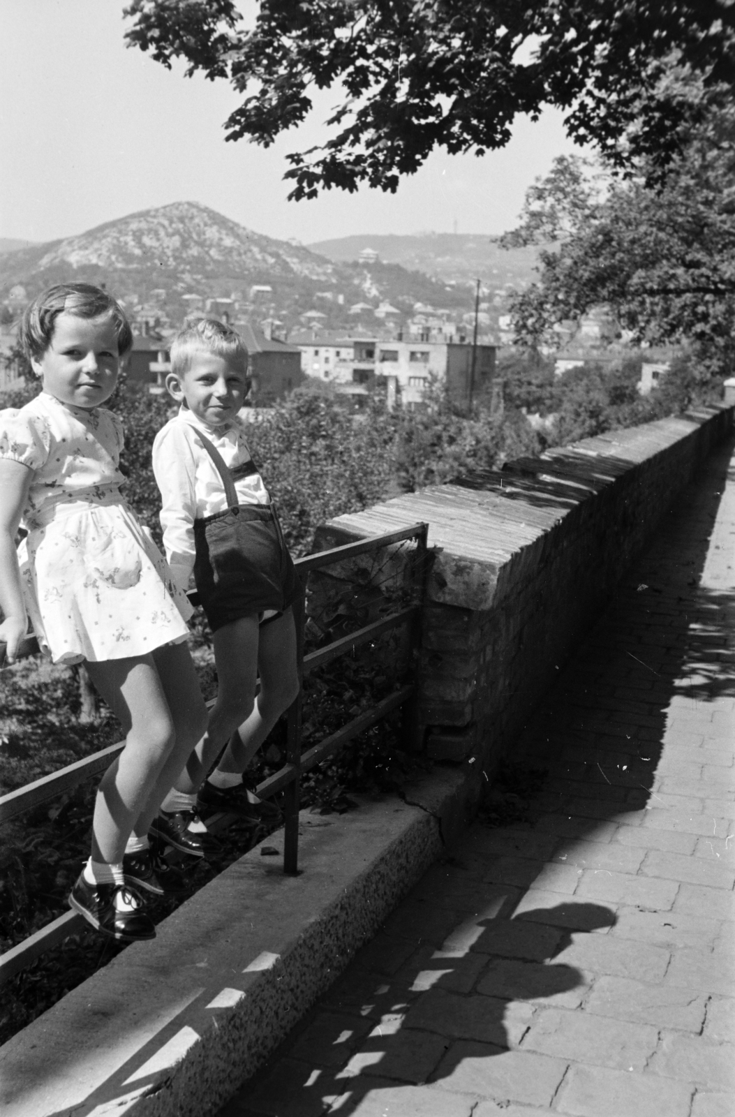 Hungary, Budapest XI., Ménesi út, háttérben a Sas-hegy., 1957, Ábrahám Katalin és László, Budapest, shorts, kids, sitting on a handrail, Fortepan #266583