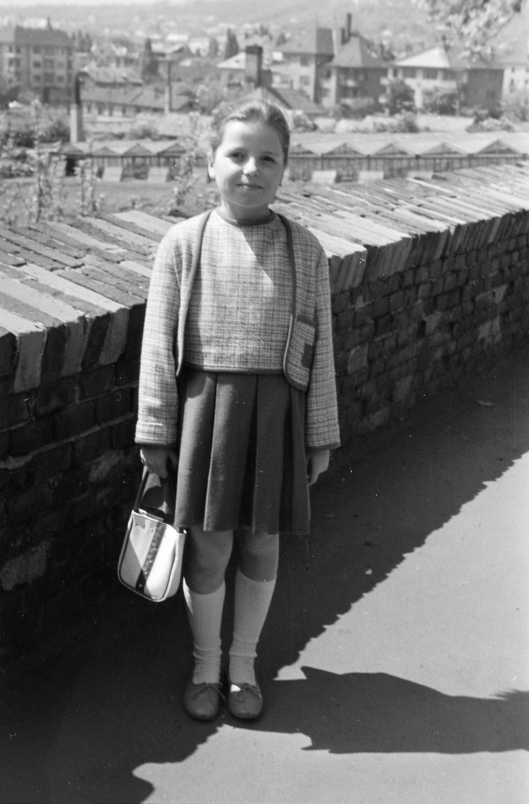 Hungary, Budapest XI., a felvétel a Ménesi úton készült, háttérben a Kertészeti és Szőlészeti Főiskola üvegházai látszanak.
, 1958, Ábrahám Katalin és László, portrait, Budapest, handbag, girl, pleated skirt, cardigan, Fortepan #266654