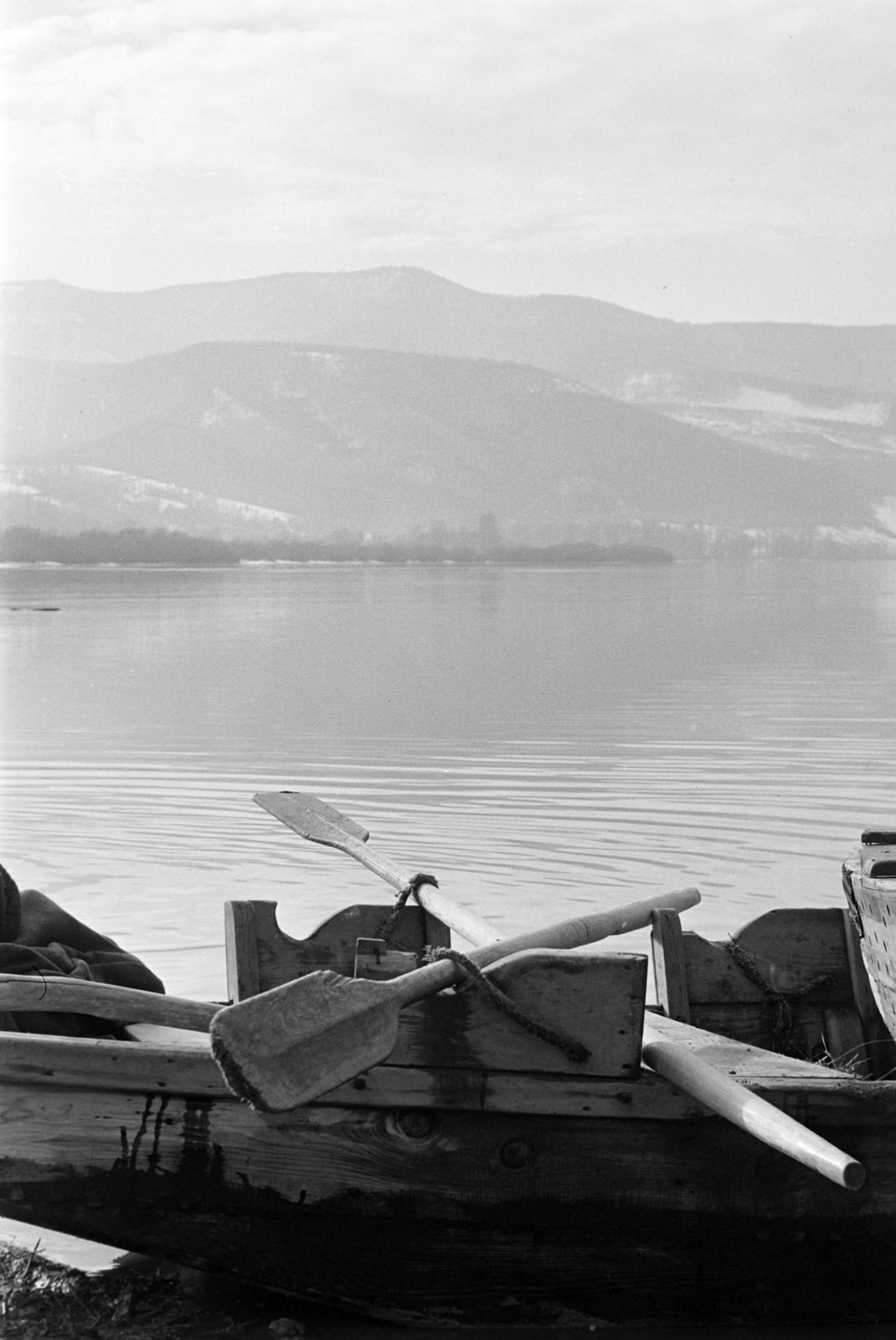 Hungary,Danube Bend, Visegrád, a Duna-partján kikötött ladik, rajta egy haltartó bárka (részlete)., 1973, Szentkuthy Ibolya, boat, paddle, Fortepan #267413