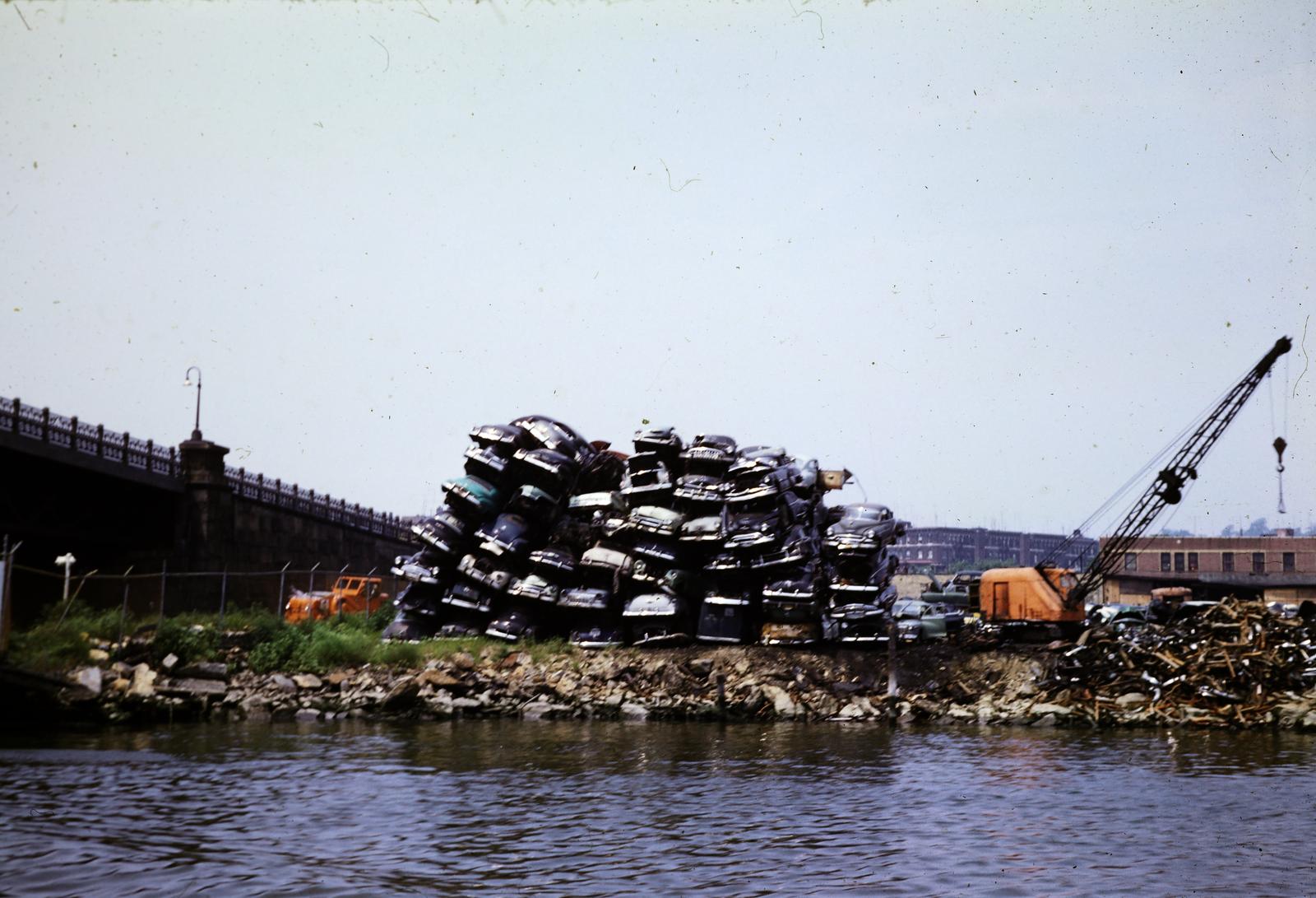 1955, Szentkuthy Ibolya, colorful, shore, crane, wreck, Fortepan #267517