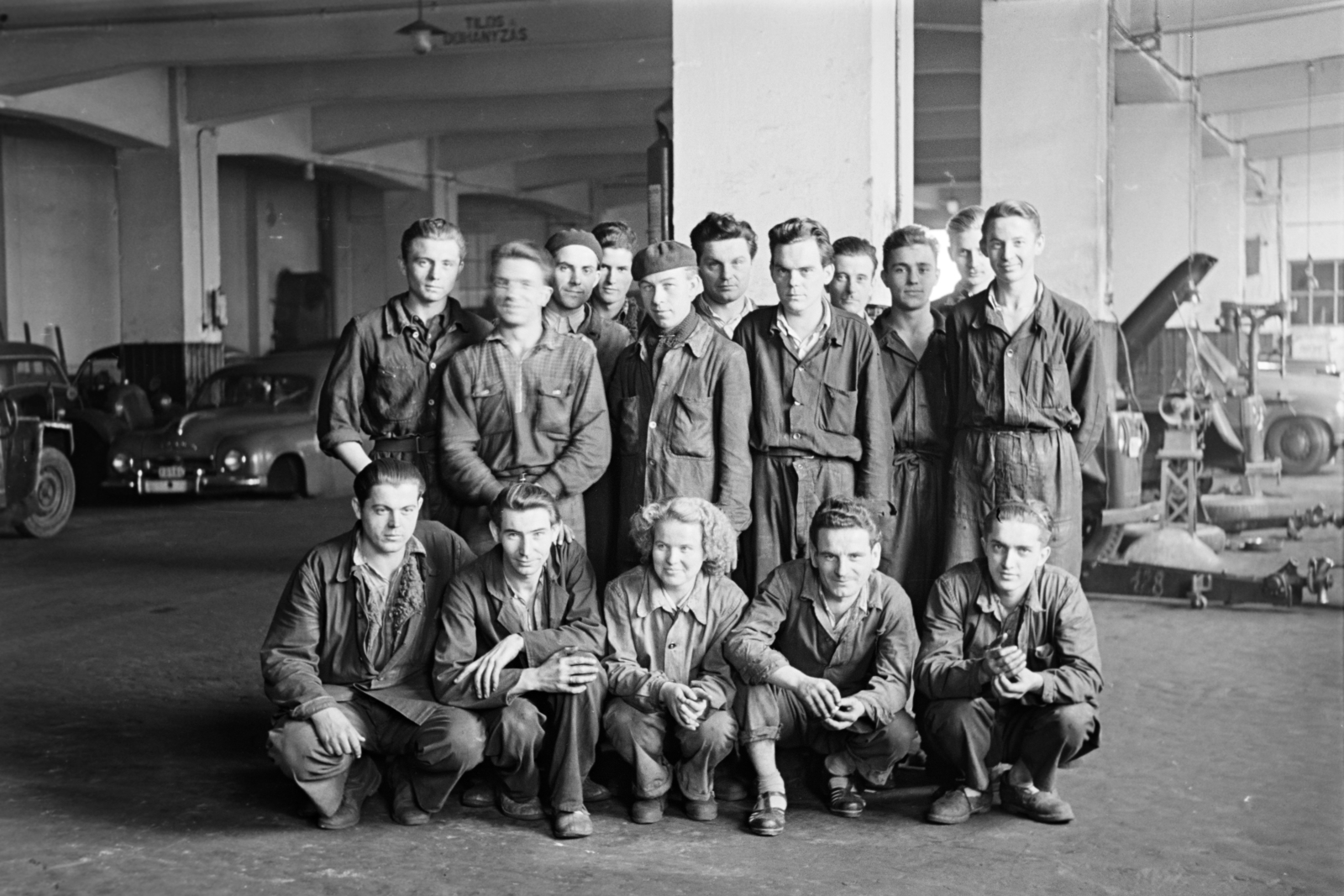 Hungary, Budapest XIV., Egressy út 35-51., a felvétel a Posta Központi Járműtelepén készült., 1958, Bolvári László, Budapest, tableau, odd one out, worker, youth, Fortepan #267774