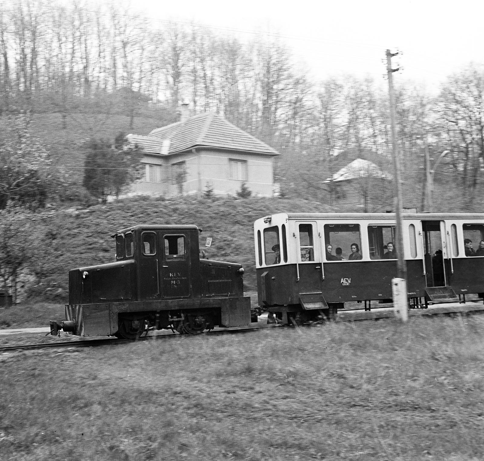 Hungary, Kismaros, Börzsönyliget, a Királyréti Erdei Vasút szerelvénye a Morgó megállóhely közelében., 1966, Gárdos Katalin, coach, diesel locomotive, narrow-gauge railway, C-50 rail tractor, Királyrét Forest Railway, Fortepan #268219