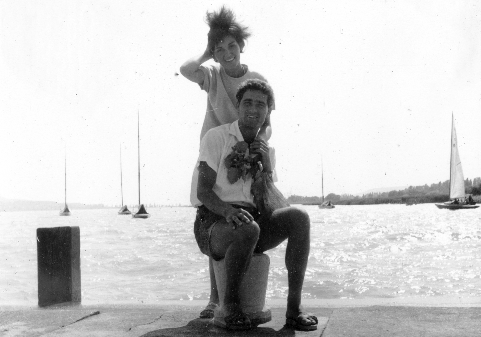 Hungary, Balatonfüred, hajóállomás., 1965, Pohl Pálma, sailboat, port, double portrait, Fortepan #26828