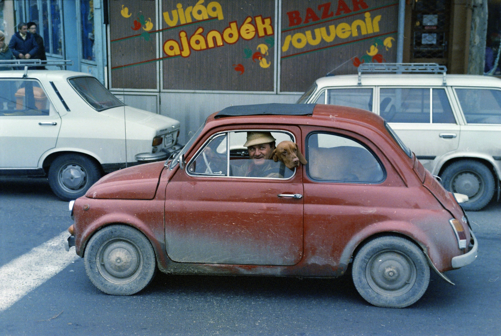 Hungary, Budapest VI., Oktogon (November 7. tér), a Fiat 500-as típusú személygépkocsiban Nagy József operatőr ül vizslájával. Háttérben a 4-es számú ház., 1982, Kanyó Béla, Best of, Budapest, dog, leaning out of the window, Fortepan #269122