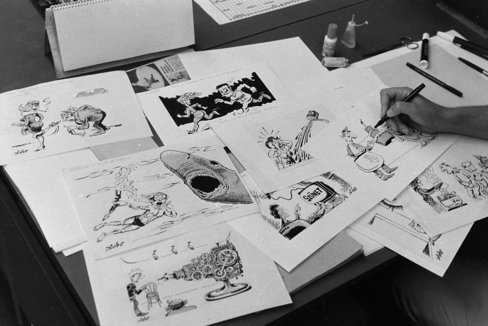 1985, Kanyó Béla, caricature, graphic artist, Fortepan #269280