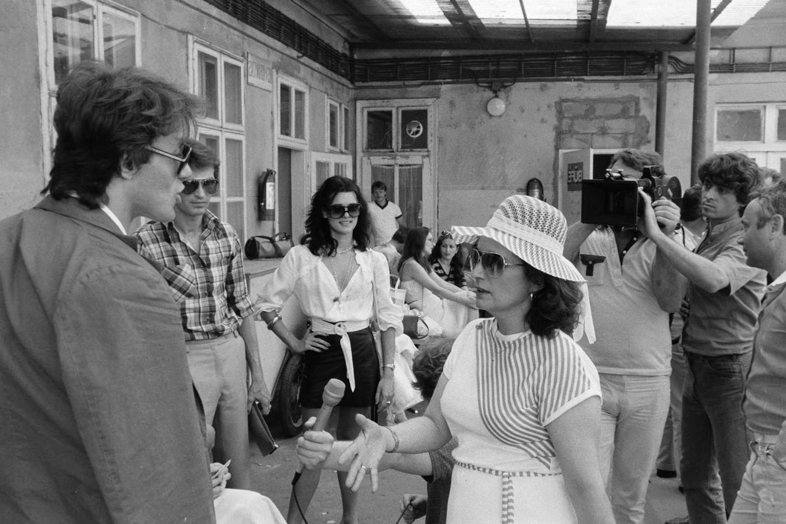 1984, Kanyó Béla, striped dress, movie camera, shades, filming, cleavage, Fortepan #269300
