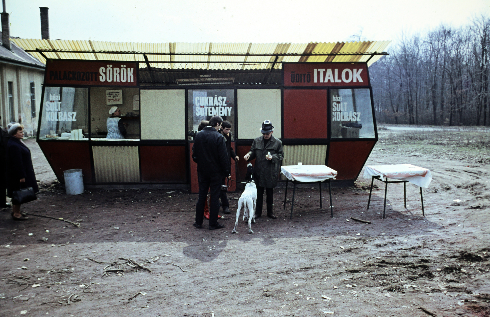 Magyarország, Budapest XII., Eötvös út a Normafa síház előtt, büfé a Konkoly Thege Miklós út melletti parkos területen (később parkoló lett)., 1974, Szilvási hagyaték, Budapest, színes, Fortepan #270006