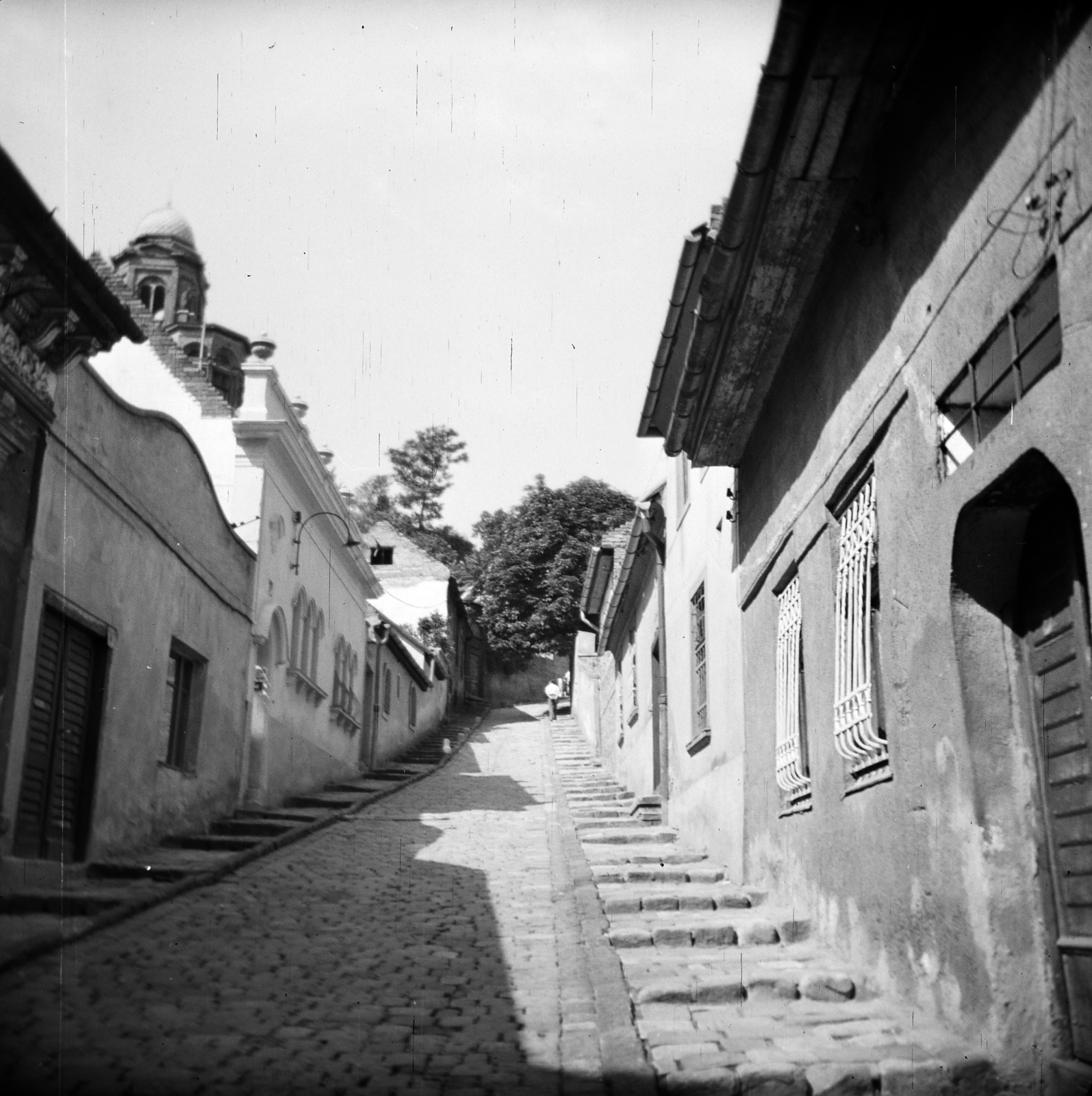 Magyarország, Budapest II., Gül Baba utca, balra fent a Gül Baba türbe köré épített Wagner villa., 1959, Vozárik Edit, Budapest, utcakép, lakóház, lejtő, lépcső, Fortepan #270173