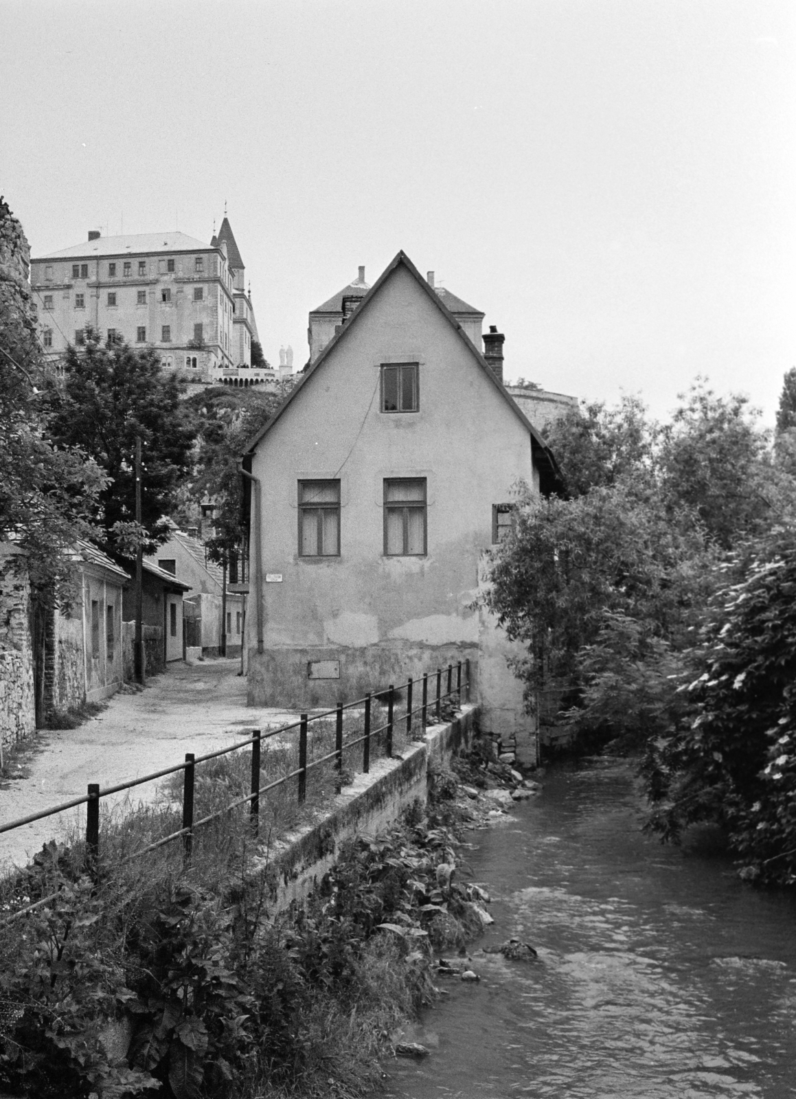 Hungary, Veszprém, Séd patak, a Kollégium utcánál az egykori tímár-ház, fenn a Vár., 1972, Vozárik Edit, Fortepan #270429