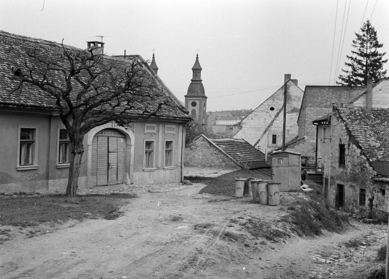 Magyarország, Eger, a felvétel a Városfal utca és a Bródy Sándor utca közelében készült, háttérben a ciszterci templom tornyai látszanak, 1976, Vozárik Edit, Fortepan #270479