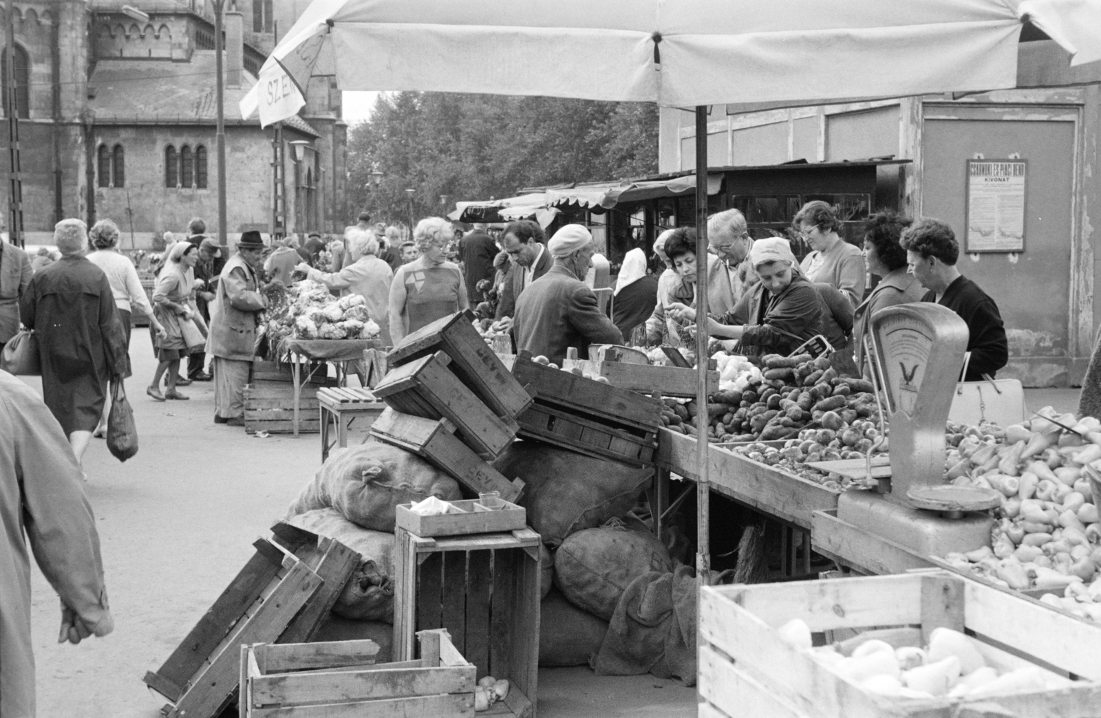 Magyarország, Budapest XIII., Lehel (Élmunkás) téri piac, háttérben balra az Árpád-házi Szent Margit-templom., 1962, Ungváry Rudolf, piac, mérleg, Budapest, Fortepan #270557