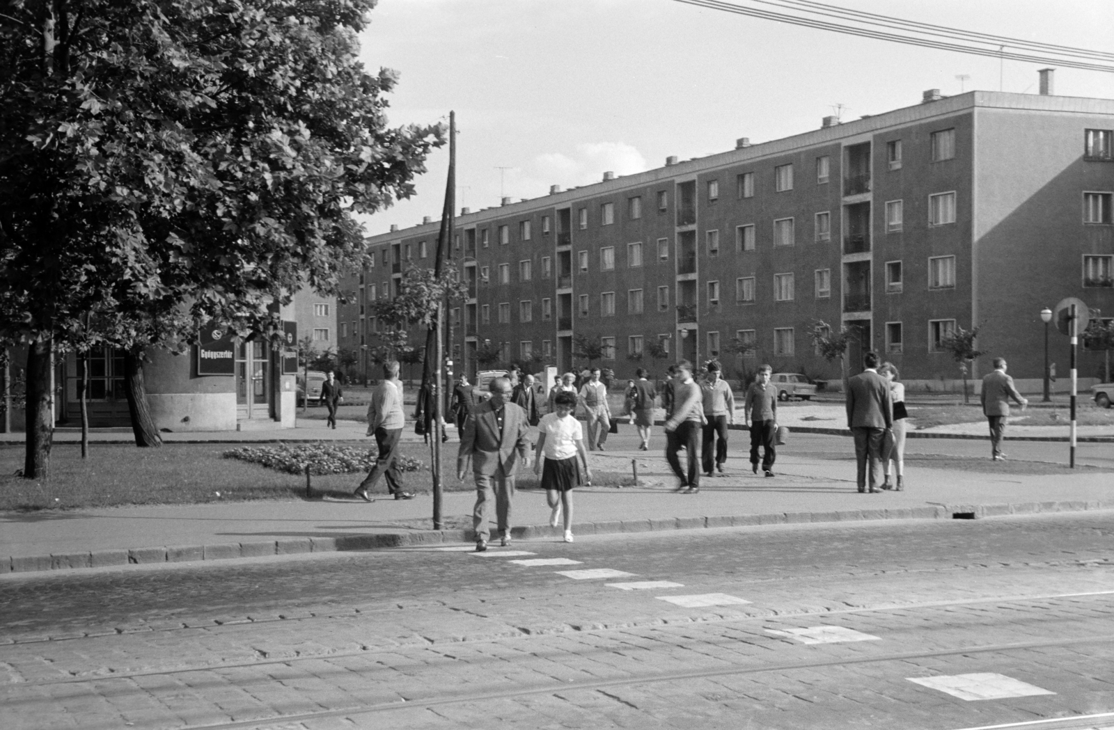 Magyarország, Budapest XIV., Thököly út és Róna (Lumumba) utca sarok., 1965, Ungváry Rudolf, gyógyszertár, Budapest, gyalogátkelő, Fortepan #270585