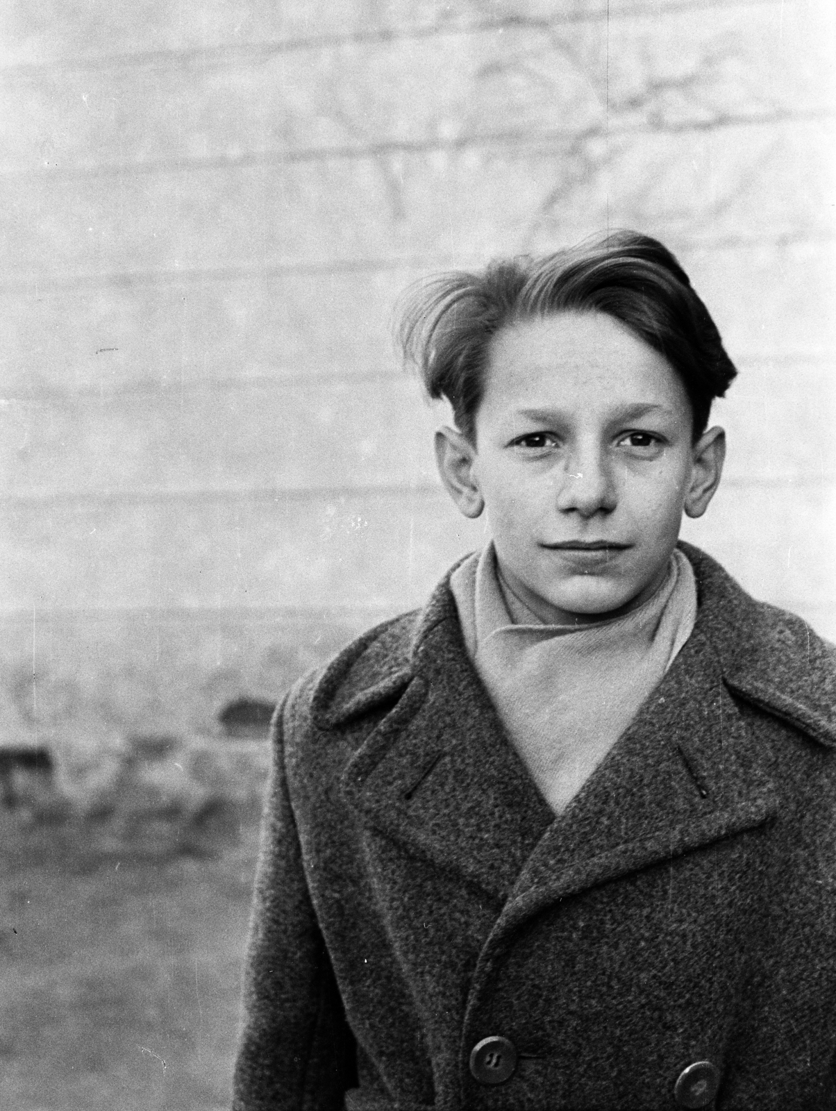 1959, Lipovits Károly, hairdo, protruding ears, teenager, coat, scarf, Fortepan #271085