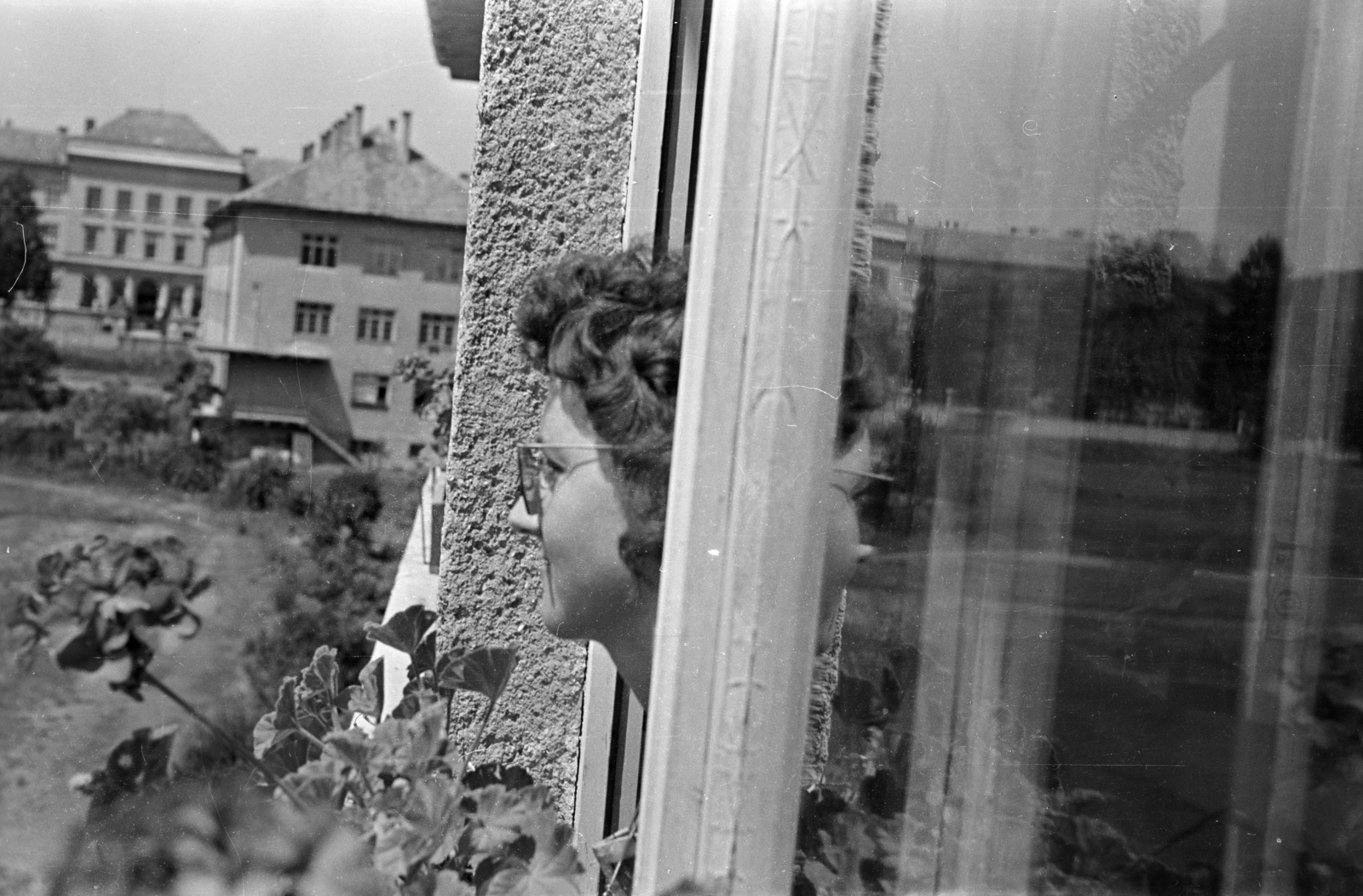 Hungary, Sopron, Hunyadi János sportpálya / "licista sportpálya. Távolabb balra a Bajcsy-Zsilinszky utca 4., az egykori Magyar Királyi Bányamérnöki és Erdőmérnöki Főiskola a későbbi Soproni Egyetem központi épülete látható., 1958, Lipovits Károly, reflection, face profile, window, Pelargonium, Fortepan #271183