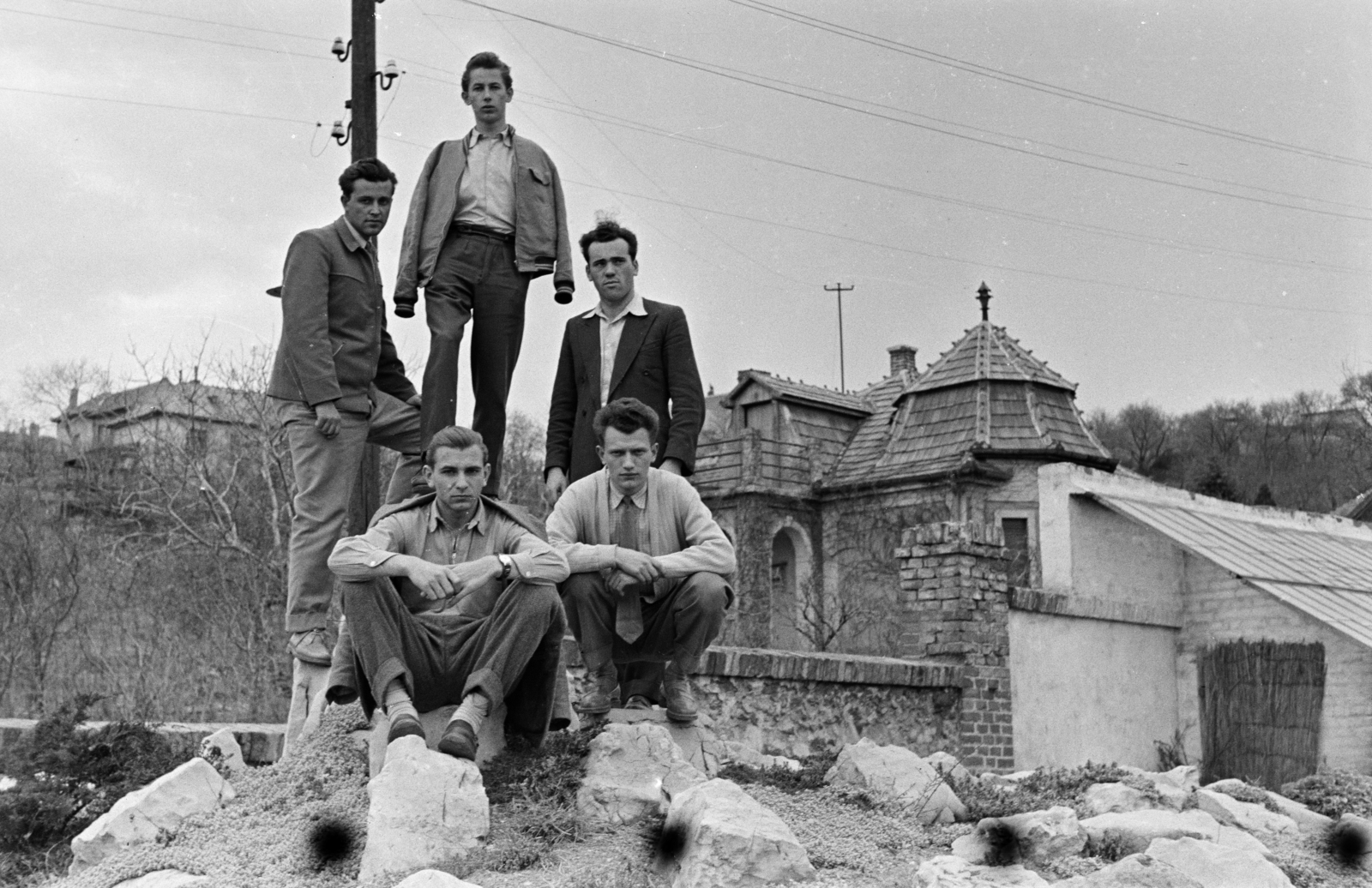 Hungary, Pécs, a felvétel a Pedagógiai Főiskola (később Pécsi Tudományegyetem) botanikus kertjében készült. Háttérben jobbra a Zichy Gyula utca 11-es számú ház, 1956, Lipovits Károly, youth, tableau, suit, Fortepan #271281