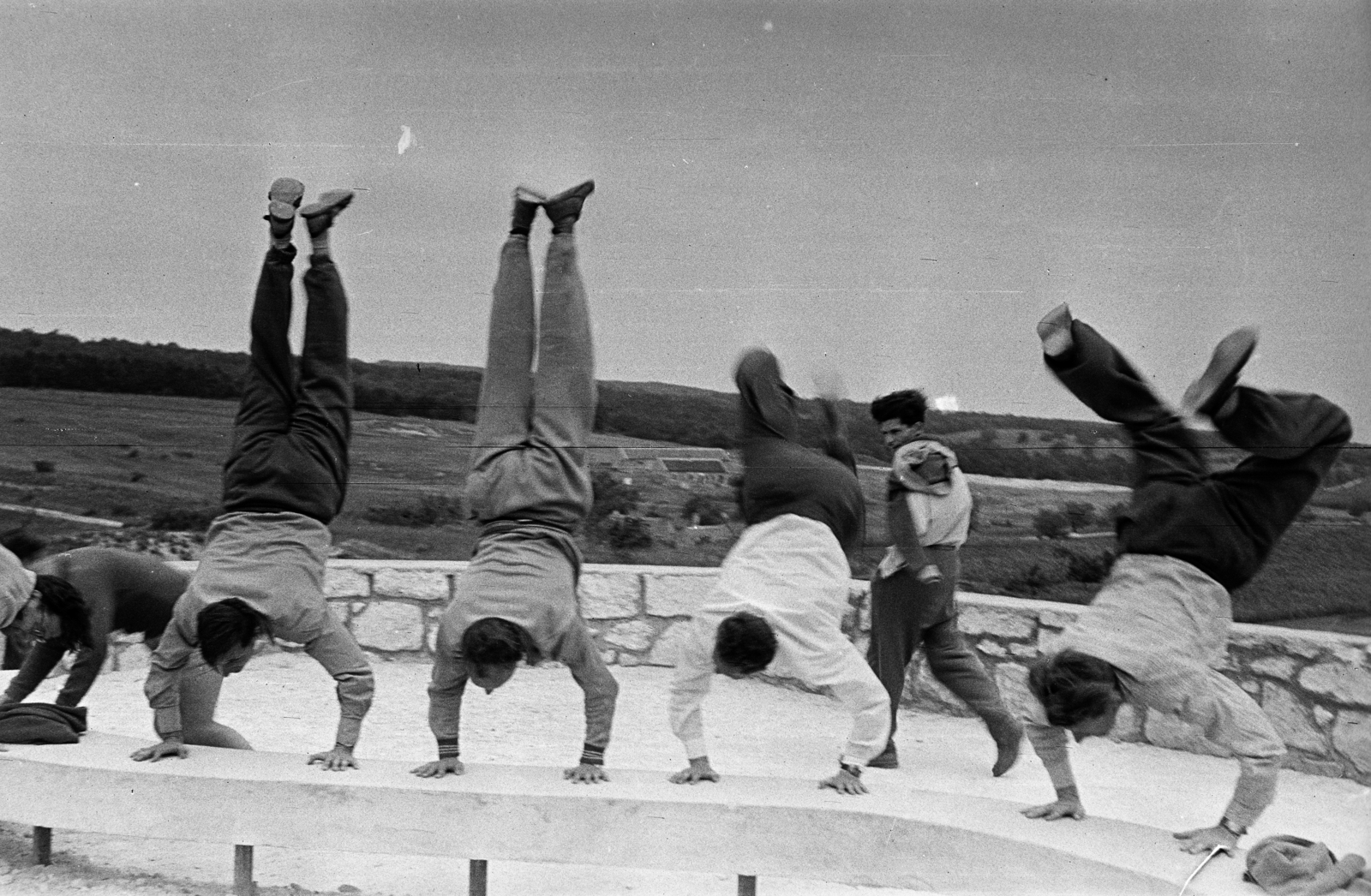 Hungary, Fertőrákos, a felvétel a Kőfejtő feletti pihenőhelyen készült., 1962, Lipovits Károly, Best of, height chart, feat, handstand, Fortepan #271354