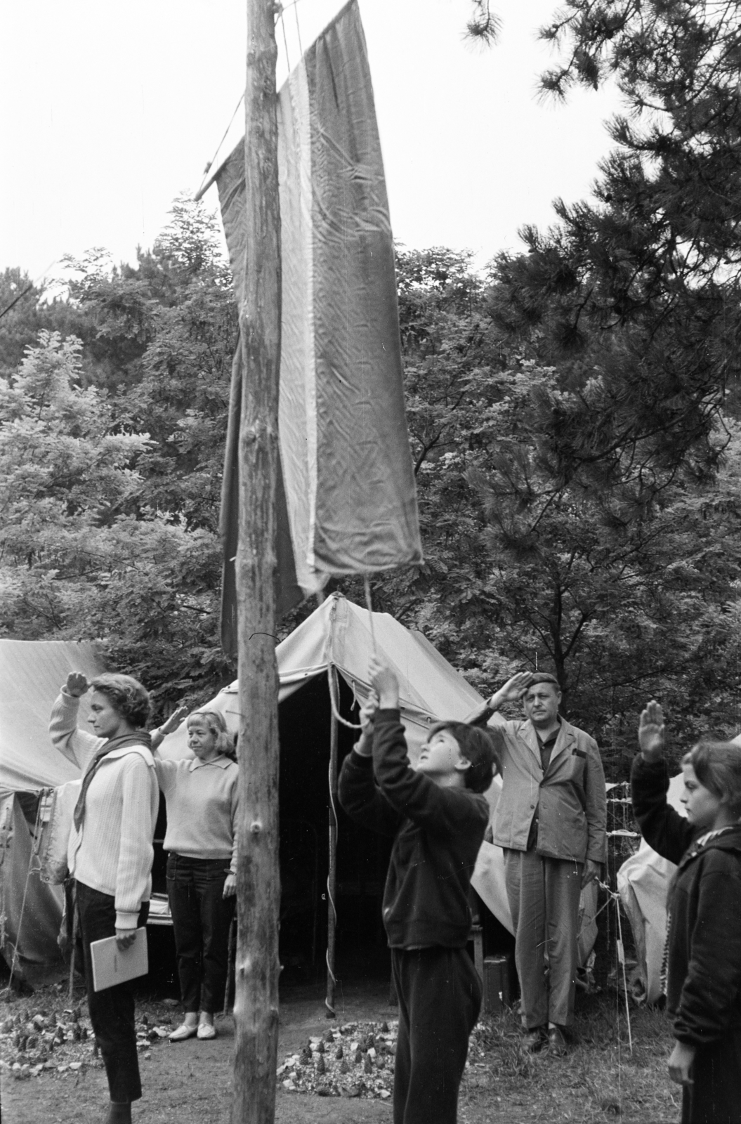 1965, Lipovits Károly, úttörő, sátor, zászlófelvonás, tisztelgés, Fortepan #271378