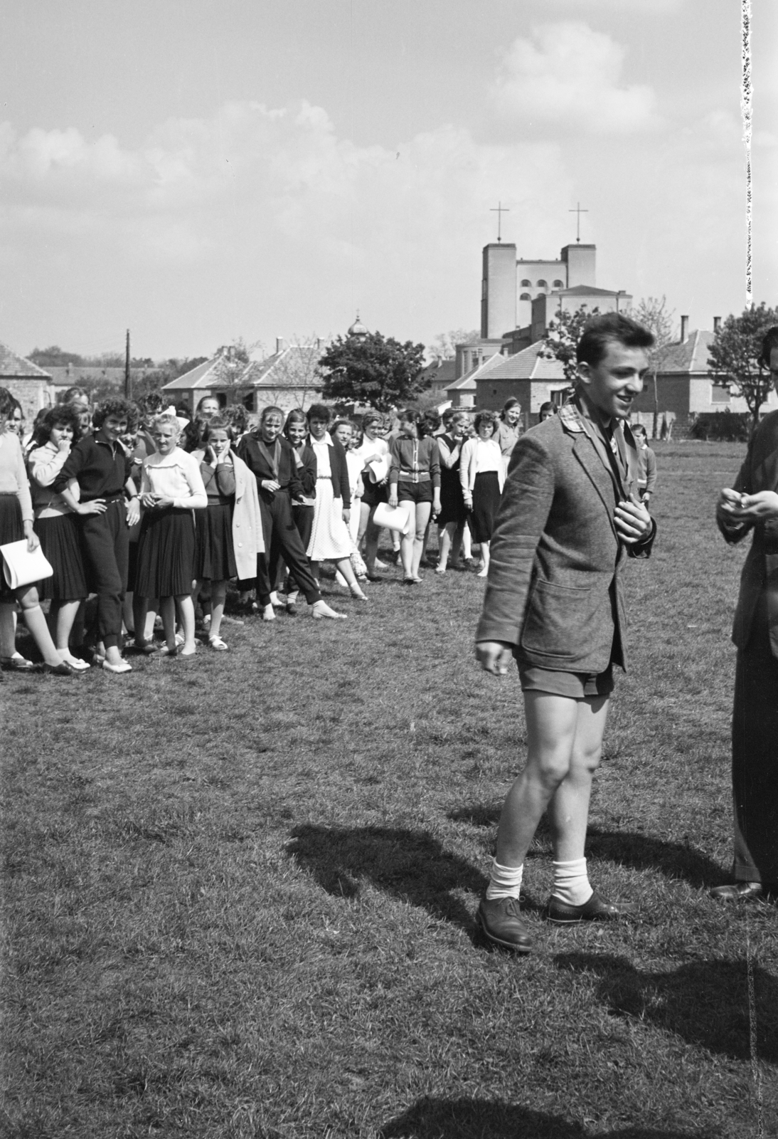 Hungary, Csorna, sporttelep, háttérben a Jézus Szíve-templom., 1962, Lipovits Károly, Fortepan #271433