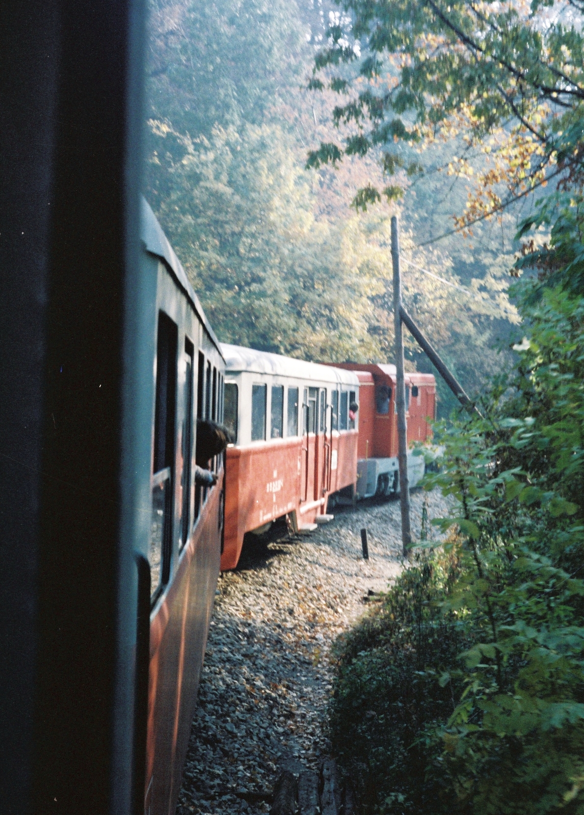 Hungary, Budapest, Gyermekvasút (Úttörővasút)., 1989, Drimbe József, railway, colorful, aerial wire, Romanian make, diesel locomotive, narrow-gauge railway, MÁV MK45 series, Children's railway, Fortepan #27188