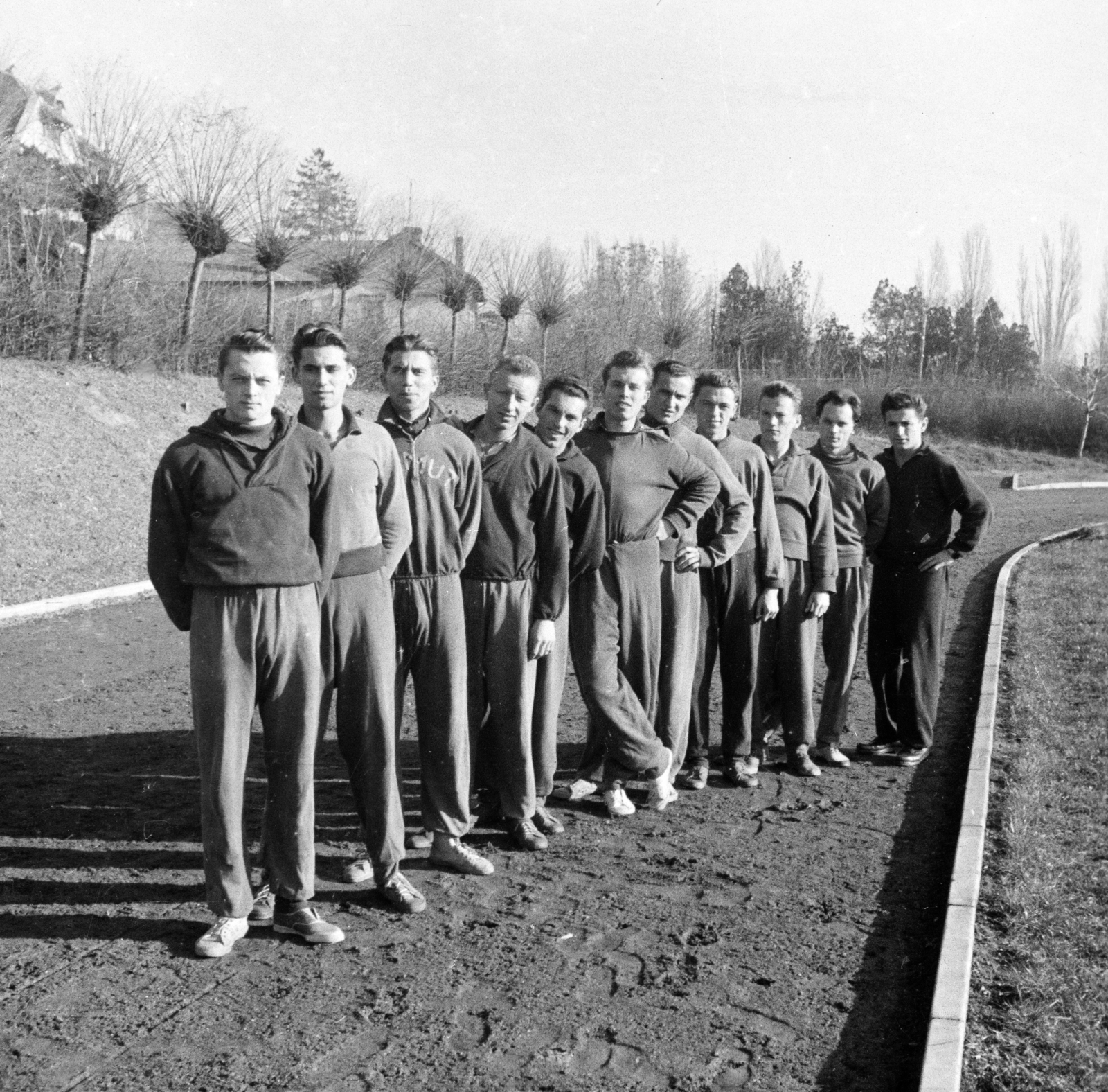 Magyarország, Pécs, a felvétel a Pedagógiai Főiskola (később Pécsi Tudományegyetem) sportpályáján készült, balra a botanikus kert., 1956, Lipovits Károly, fiatalság, férfiak, képarány: négyzetes, melegítő, tornasor, Fortepan #271955