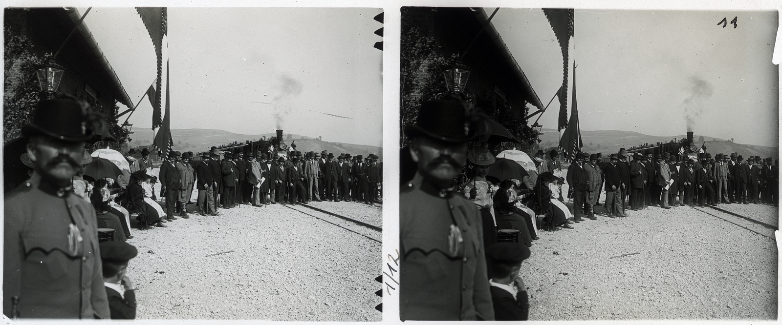 Romania,Transylvania, Hunedoara, az erdélyi bányavasút állomása., 1901, Schoch Frigyes, steam locomotive, railway, tableau, mining, stereophoto, narrow-gauge railway, Fortepan #27196