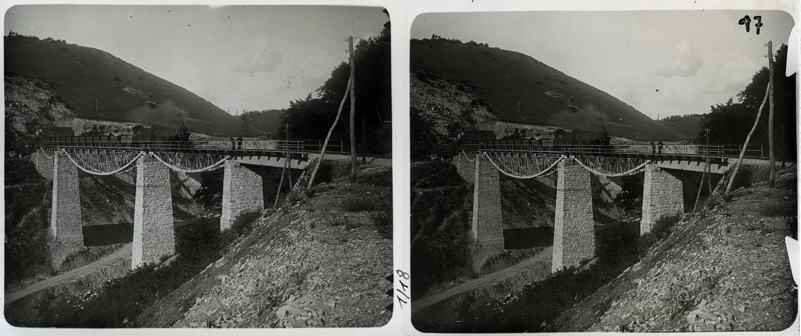 Romania,Transylvania, Zlasti, az erdélyi bányavasút völgyáthidalása., 1901, Schoch Frigyes, steam locomotive, railway, bridge, mining, stereophoto, Fortepan #27202