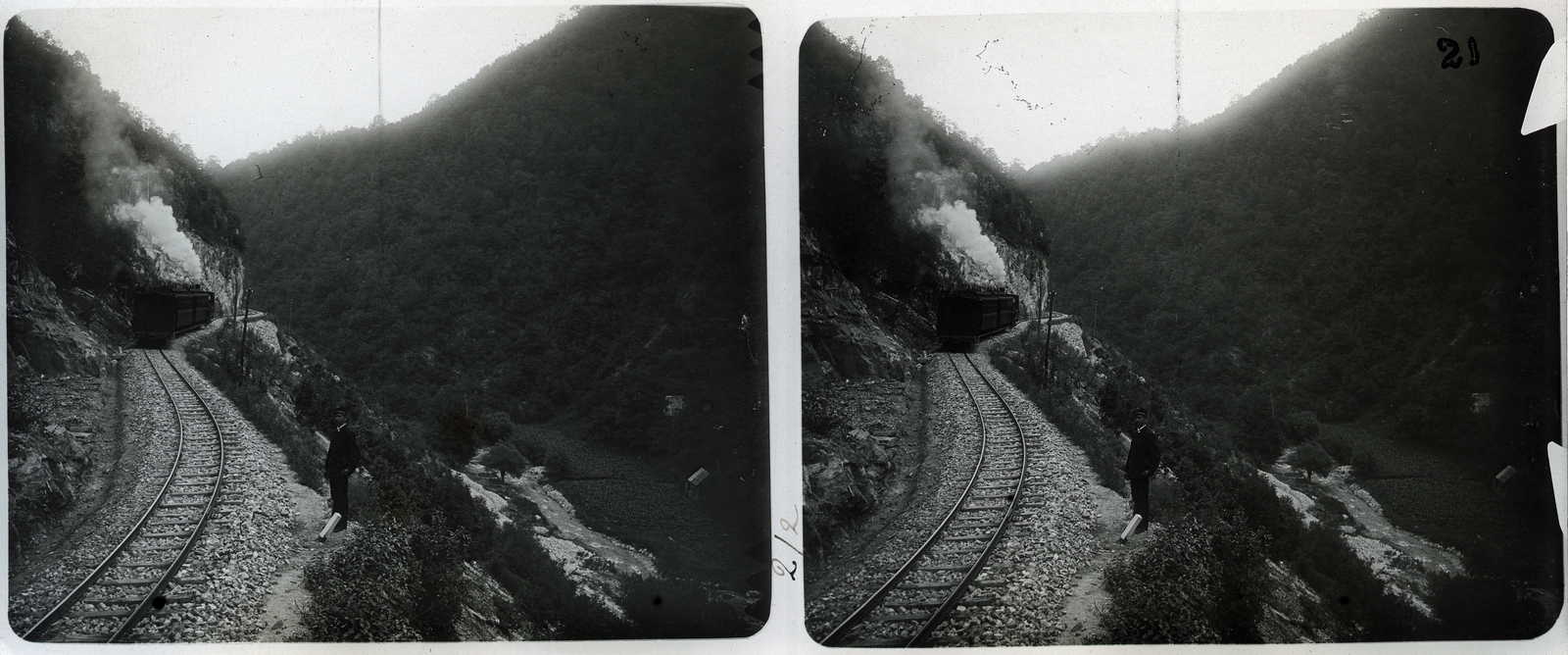 Romania,Transylvania, Hatzanas, az erdélyi bányavasút pályaszakasza Hatzanas közelében., 1901, Schoch Frigyes, railway, mining, stereophoto, Fortepan #27207