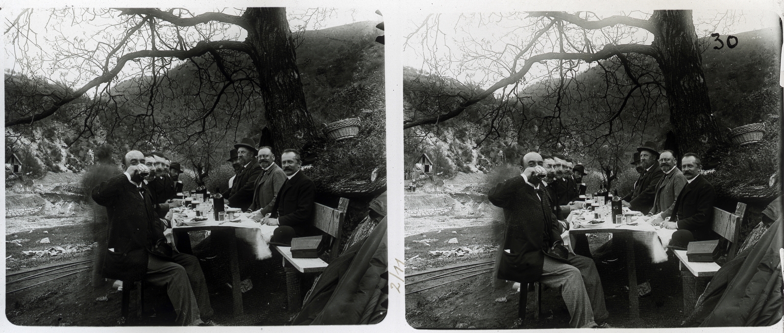 Romania,Transylvania, a felvétel a Vajdahunyad - Gyalár (Retyisóra) közötti erdélyi bányavasút építése idején készült., 1901, Schoch Frigyes, railway, meal, tableau, stereophoto, Fortepan #27216