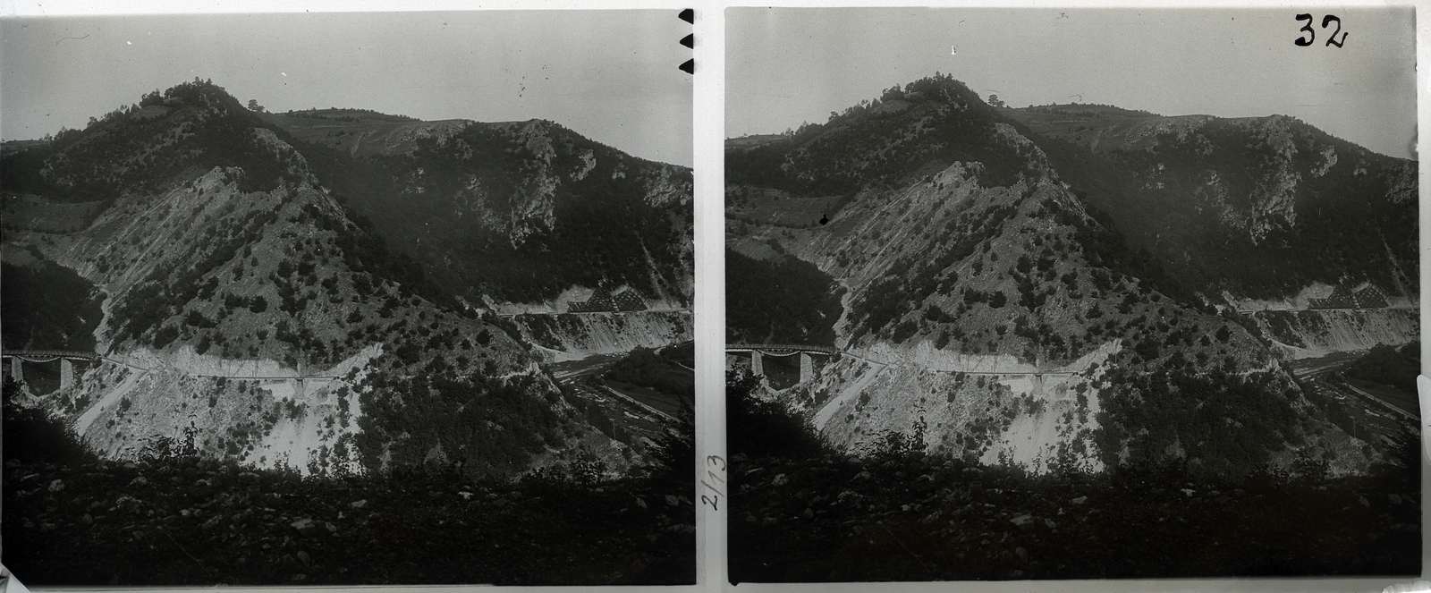Romania,Transylvania, Nadrab, "kanyar híd" és "kanyar alagút", az erdélyi bányavasút pályaszakasza., 1901, Schoch Frigyes, railway, bridge, mining, stereophoto, Fortepan #27218