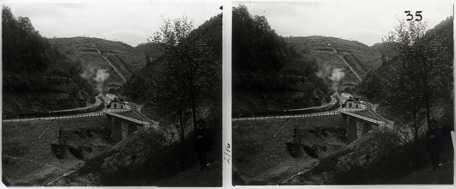 Romania,Transylvania, Ghelari, a település melletti Retyisóra völgy, az erdélyi bányavasút völgyáthidalása és az állomás épülete., 1901, Schoch Frigyes, railway, bridge, mining, train station, stereophoto, Fortepan #27221
