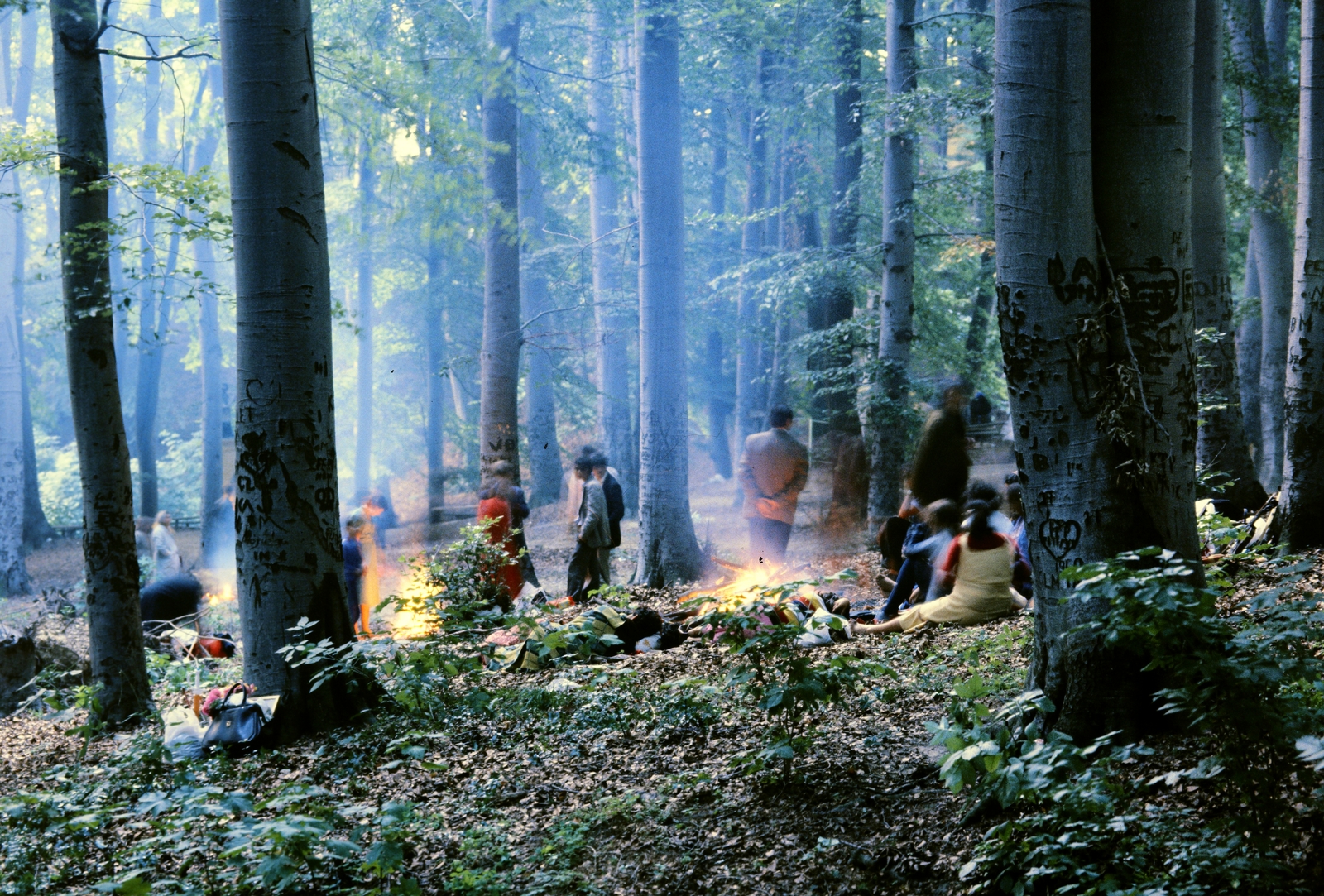 Magyarország, Csatka, az imádkozó Szent Szűz búcsújáró helye. A felvétel a Szentkúti-kápolna közelében, a Mária napi búcsú alkalmával készült., 1985, Cseriti, zarándokhely, tábortűz, zarándoklat, cigányság, Fortepan #272303