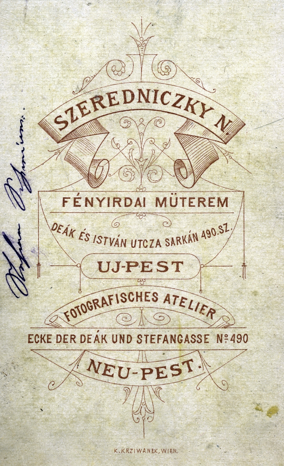 Hungary, Budapest IV., István út - Deák Ferenc utca sarok, Szeredniczky fényirdai műterem., 1900, Hámornik Balázs, verso, photographer, studio, Budapest, Fortepan #272460