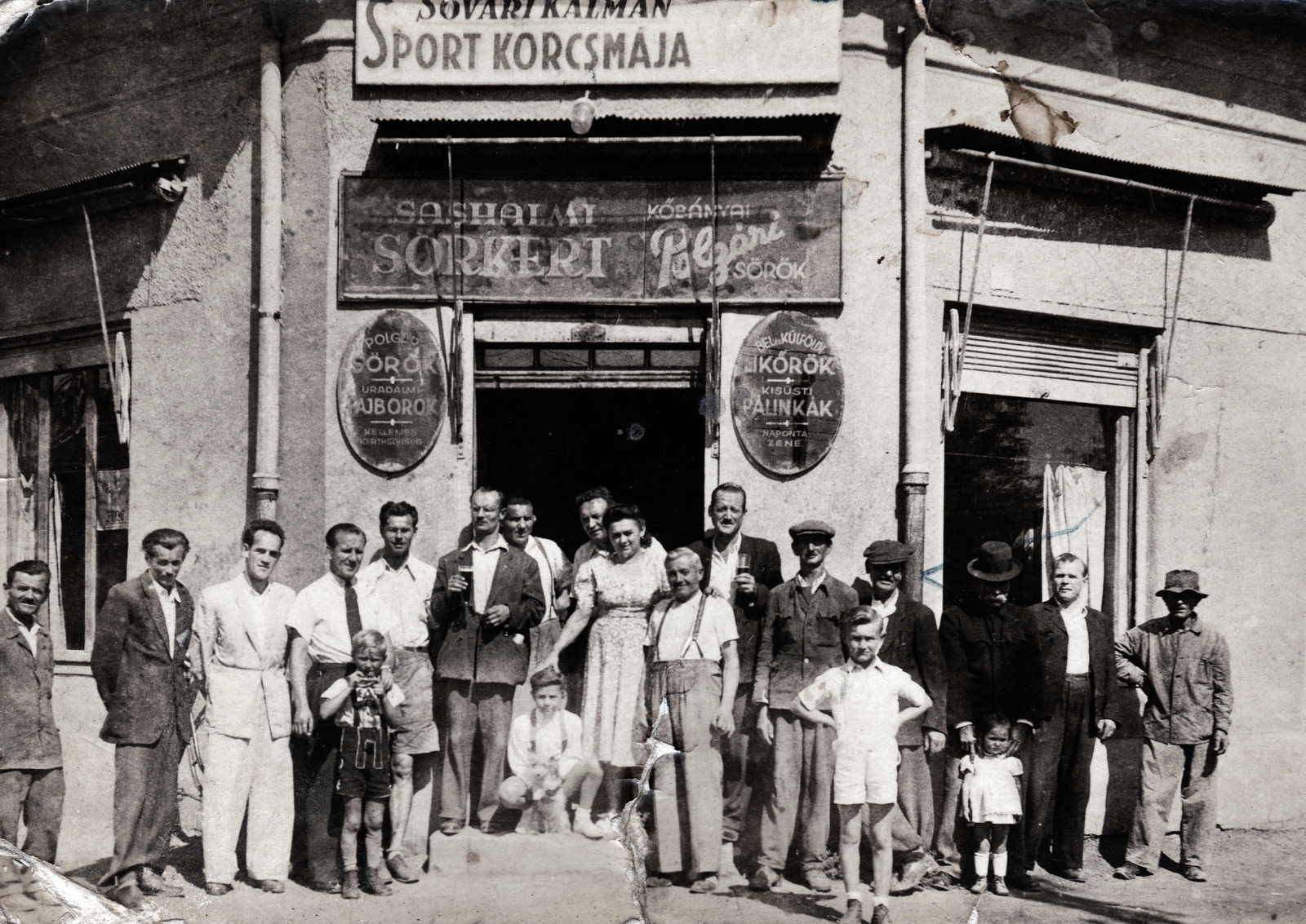 Hungary, Budapest XVI., Sashalmi sétány - Margit utca sarok, Sóvári Kálmán Sport Kocsmája / Sashalmi Sörkert., 1940, Hózer Benjamin, store display, pub, Budapest, Fortepan #272546