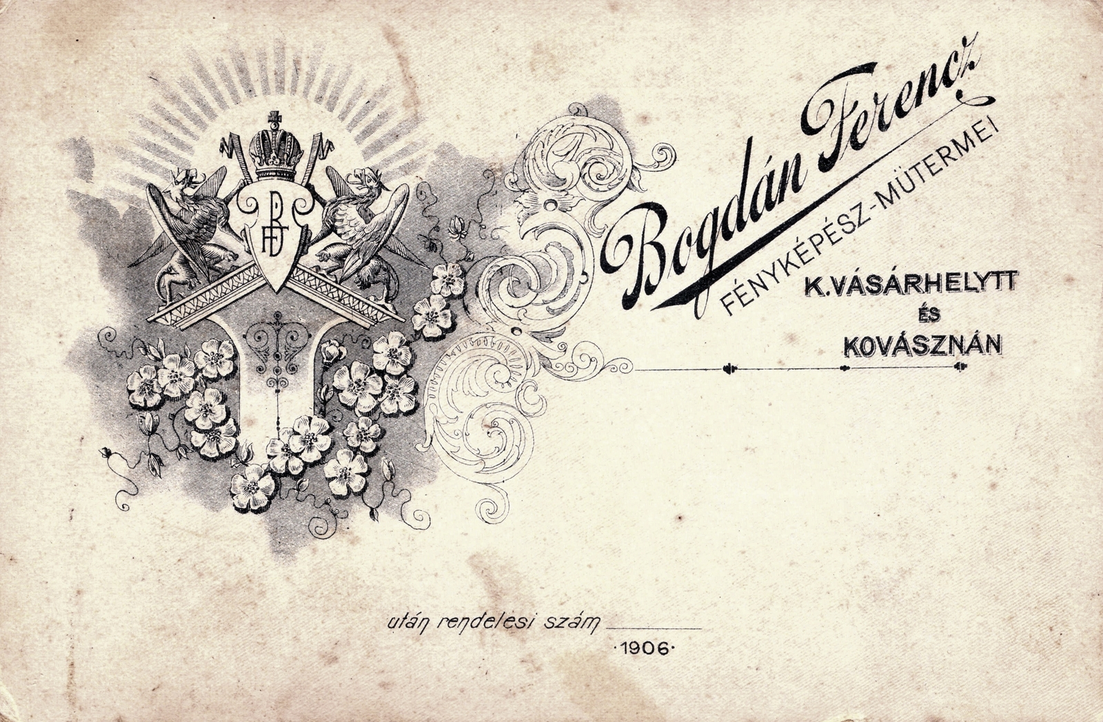 Románia,Erdély, Kézdivásárhely,Kovászna, Bogdán Ferenc fényképész műterme., 1906, Keresztesy Róbert, hátlap, fényképész, műterem, Fortepan #272615