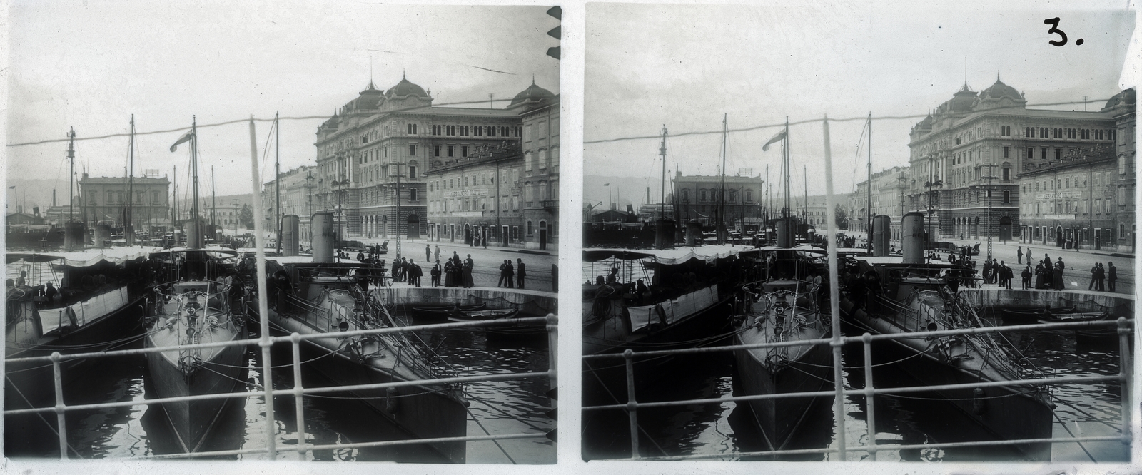 Croatia,Adriatic Sea, Rijeka, kikötő, Riva (Szapáry rakpart), jobbra az Adria-palota., 1900, Schoch Frigyes, ship, warship, port, palace, wharf, stereophoto, Fortepan #27280