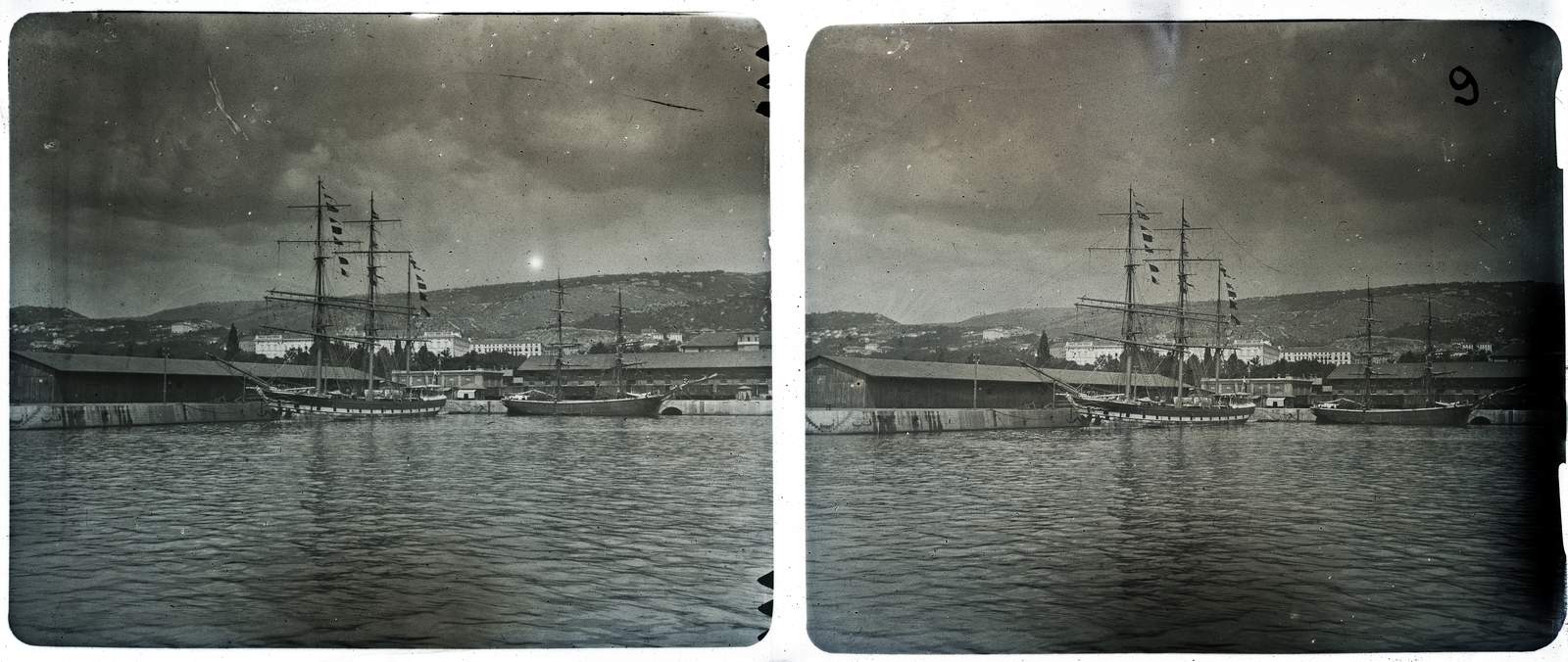 Croatia,Adriatic Sea, Rijeka, a kikötő háttérében a Haditengerészeti Akadémia., 1900, Schoch Frigyes, ship, sailboat, port, stereophoto, Fortepan #27284