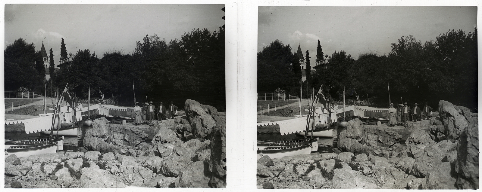 Croatia, Opatija, tengerparti sétány háttérben a Szent Jakab templommal., 1908, Schoch Frigyes, ship, flag, stereophoto, sea shore, Fortepan #27289