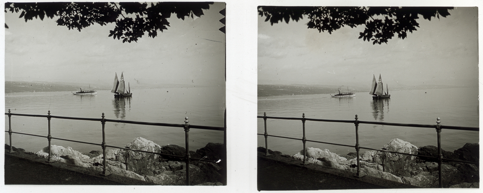 Croatia, Opatija, I. Ferenc József sétány a tengerparton Lovran felé., 1908, Schoch Frigyes, ship, sailboat, sea, steamboat, stereophoto, sea shore, Cavtat/Kraljevica/Sirály ship, Fortepan #27292