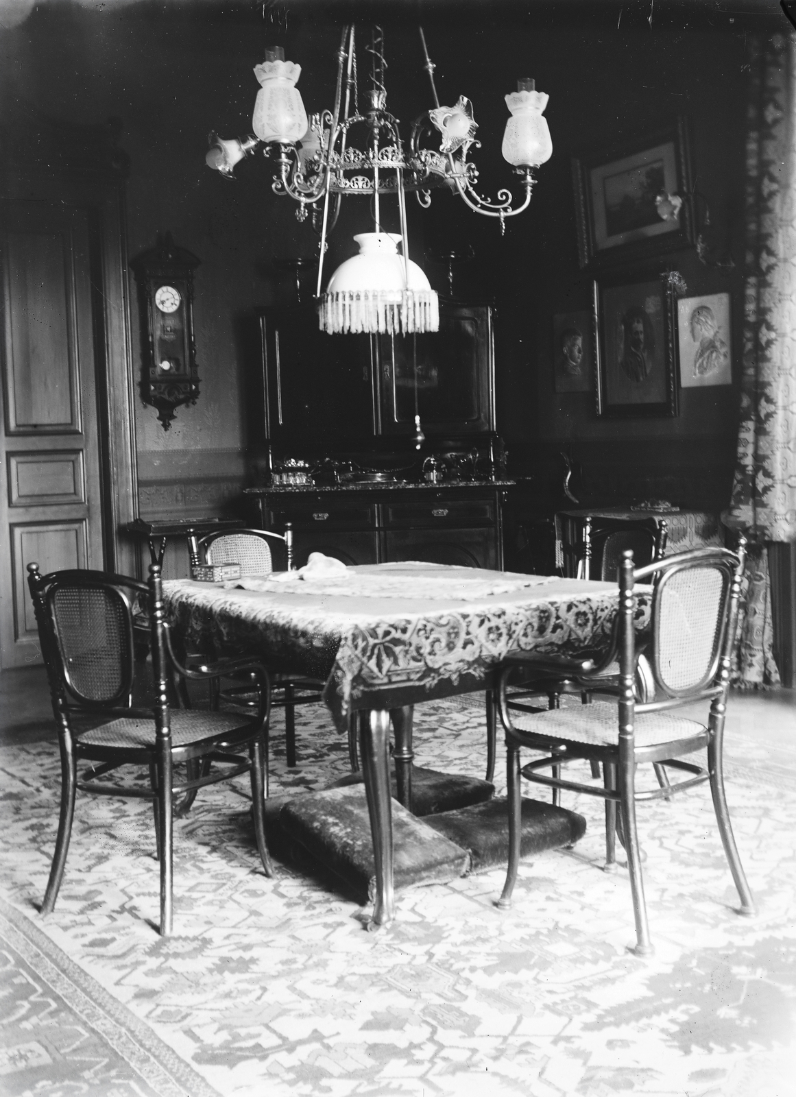 1908, Flanek-Falvay-Kováts, interior, chandelier, wall clock, wicker chair, pendulum clock, Fortepan #272953