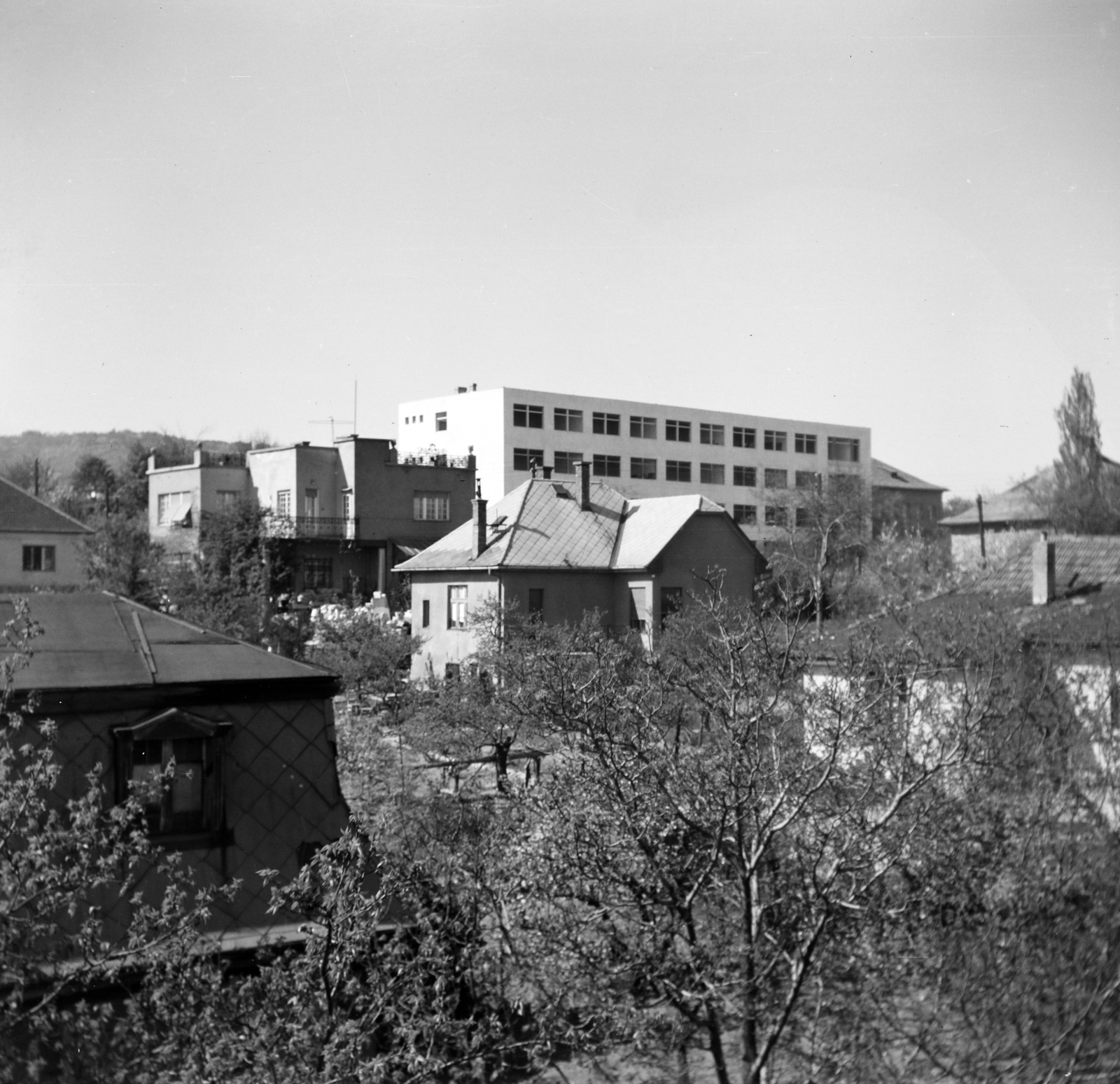 Hungary, Budapest XI., lakóházak a Brassó út - Tömös utca - Törcsvár utca közötti területen, távolabb az Érdi út 2. szám alatti Érdi úti Általános Iskola (később Farkasréti Általános Iskola) látható., 1961, Schermann Ákos, Budapest, Fortepan #273001