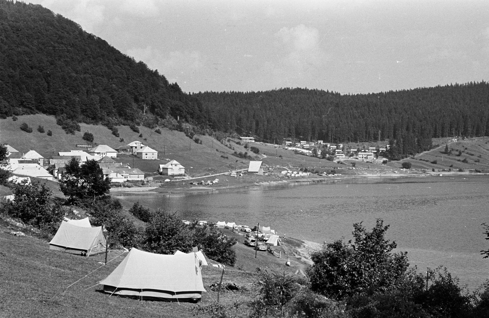 Slovakia, Dedinky, víztározó., 1963, Schermann Ákos, hillside, holiday, tent, woods, Fortepan #273009