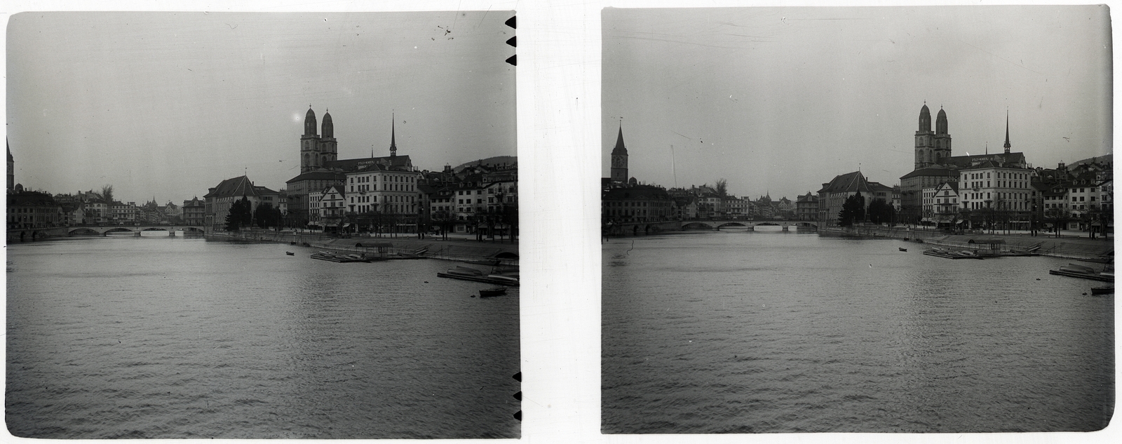 Switzerland, Zurich, Limmat folyó a Quaibrücke-ről nézve, balra a Szent Péter templom tornya, jobbra a Grossmünster (Nagykatedrális)., 1910, Schoch Frigyes, church, bridge, stereophoto, Romanesque Architecture, Fortepan #27318