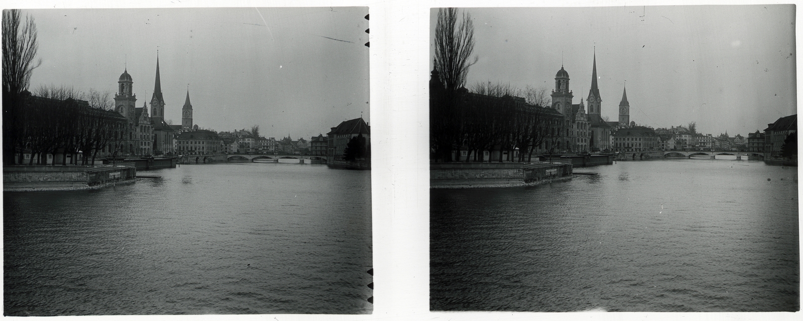 Svájc, Zürich, Limmat folyó a Quaibrücke-ről nézve, balra a Fraumünster (Asszonyok katedrálisa), jobbra a Szent Péter templom tornya., 1910, Schoch Frigyes, híd, sztereófotó, Fortepan #27319