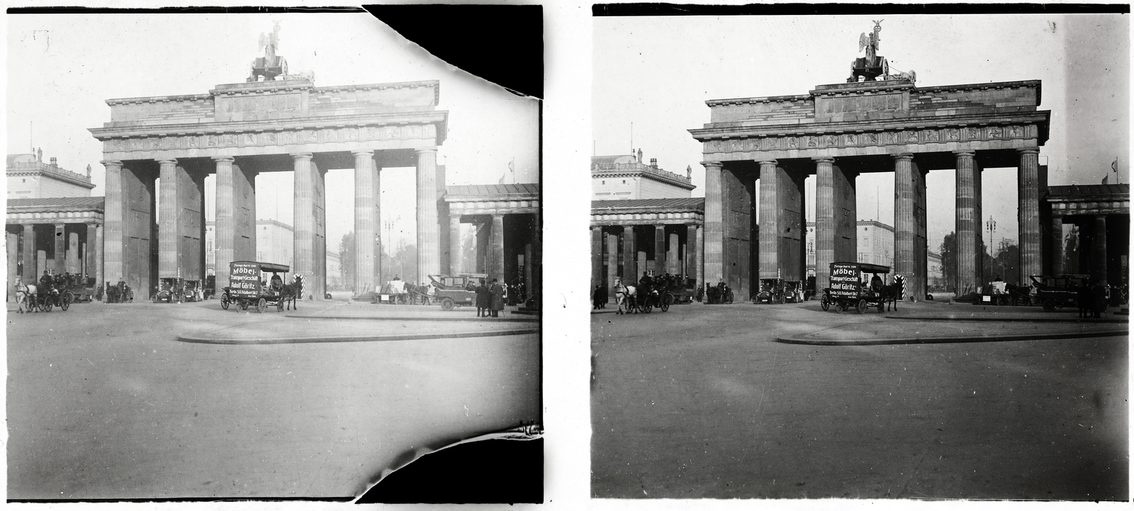 Németország, Berlin, Platz des 18. März (Platz vor dem Brandenburger Tor), szemben a Brandenburgi kapu., 1908, Ladinek Viktor, automobil, sztereófotó, bútor, őrbódé, Fortepan #273198