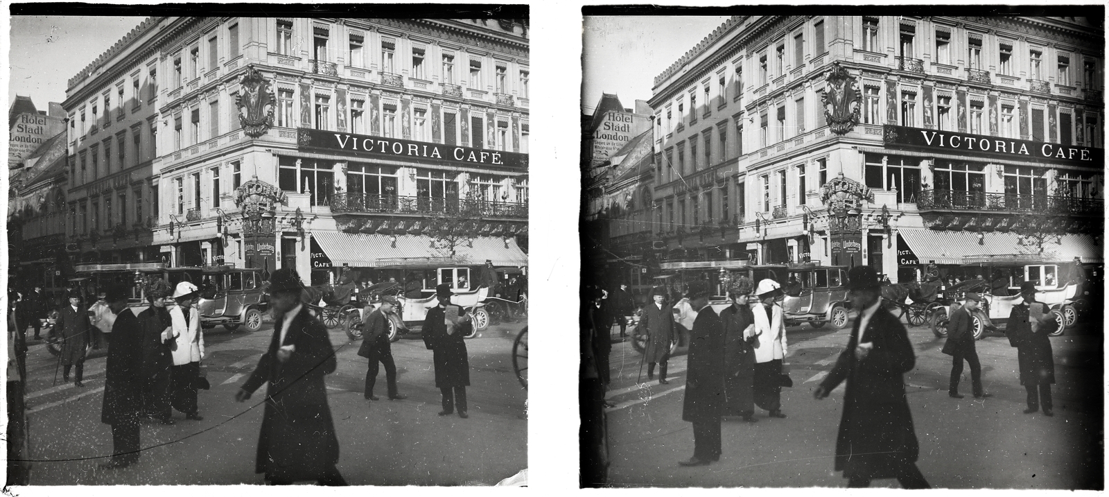 Németország, Berlin, Unter den Linden, a Friedrichstraße sarkán a Victoria Hotel és kávéház., 1908, Ladinek Viktor, automobil, sztereófotó, kávéház, freskó, Fortepan #273199