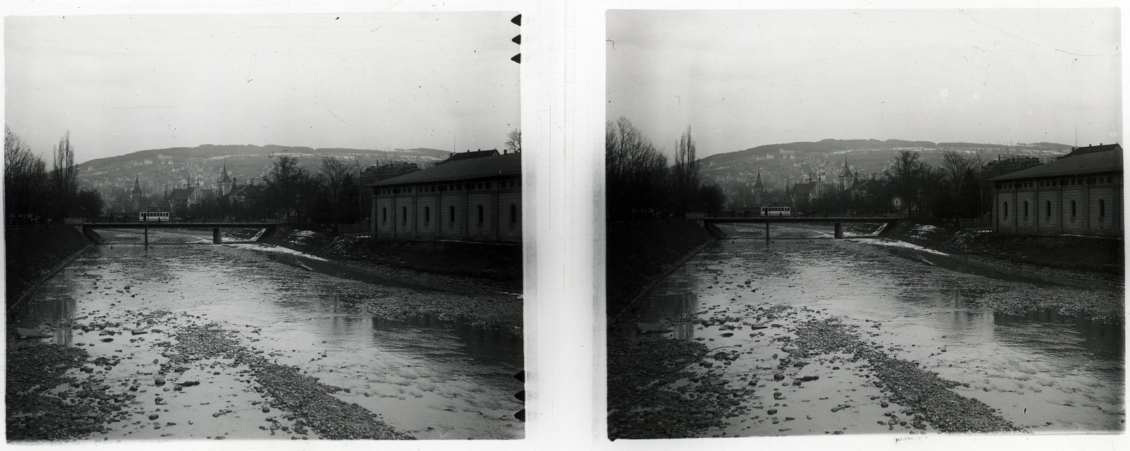 Svájc, Zürich, Limmat folyó, a hídon túl a Schweizerisches Landesmuseum látszik., 1910, Schoch Frigyes, híd, sztereófotó, Fortepan #27320