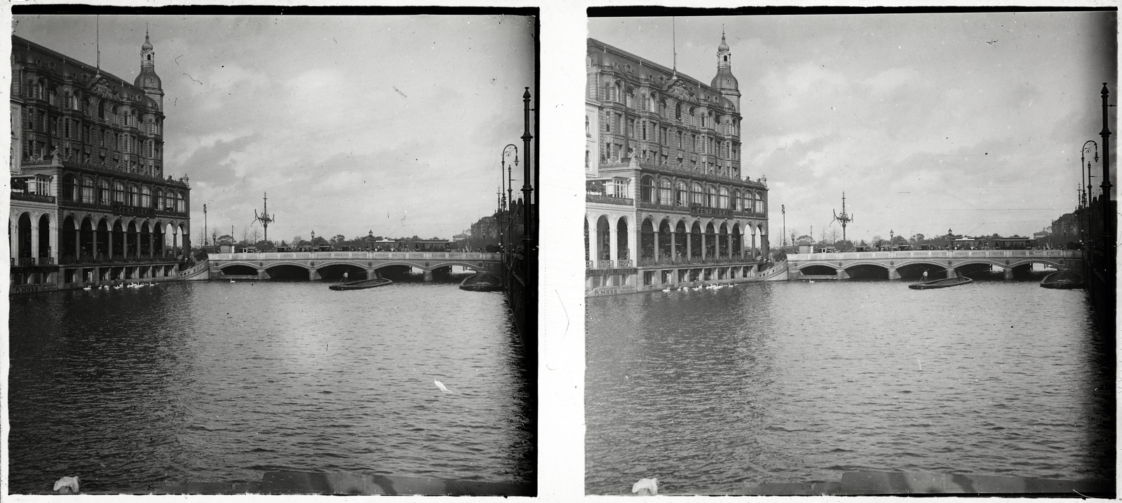 Németország, Hamburg, az Elba mellékfolyója a Kleine Alster, szemben a Reesendammbrücke., 1908, Ladinek Viktor, sztereófotó, Fortepan #273201