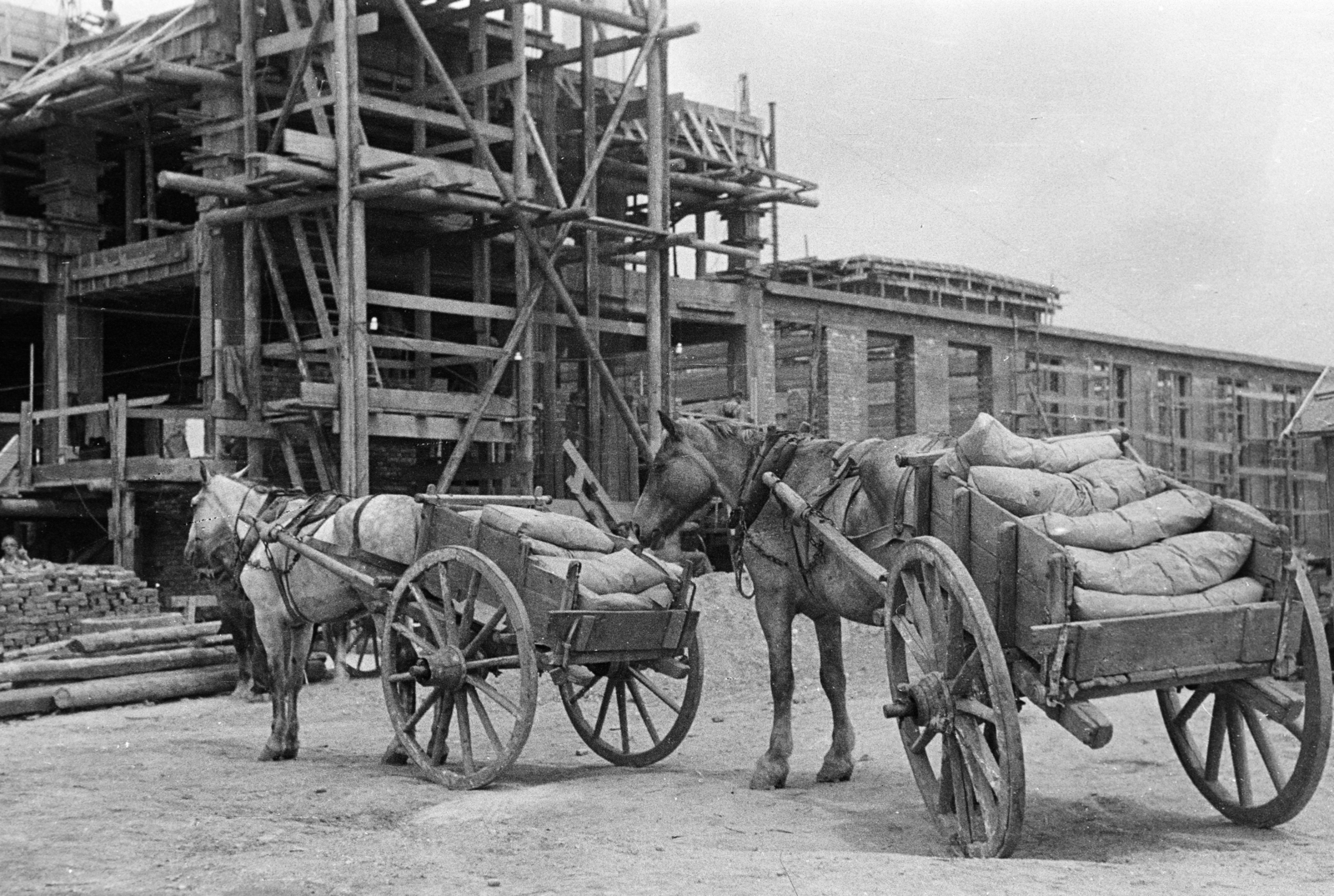 Hungary, Dunaújváros, (Dunapentele), a felvétel az iparváros építésének kezdetén készült., 1950, Kern család, cart, scaffolding, construction, building material, carrying loads, horse, Fortepan #273269