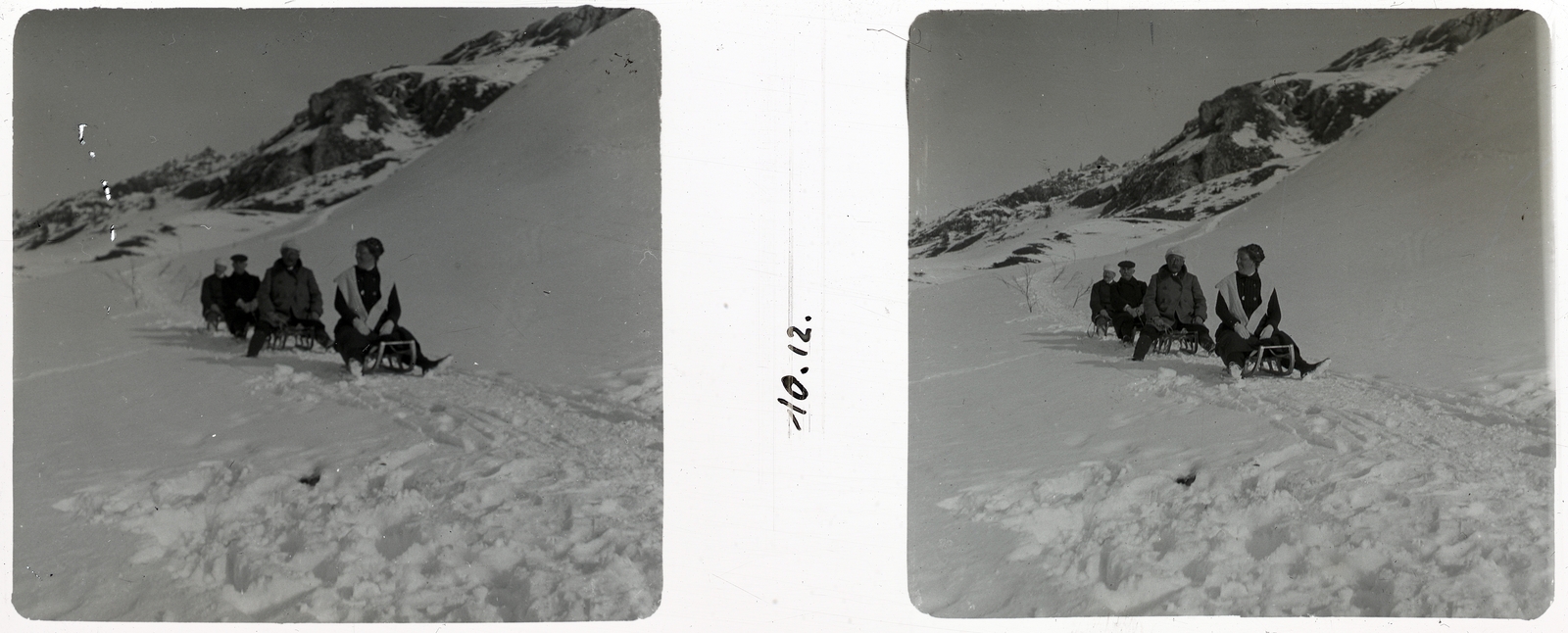 Svájc, St. Moritz, a város feletti hegyoldal., 1910, Schoch Frigyes, tél, szánkó, sztereófotó, Fortepan #27331