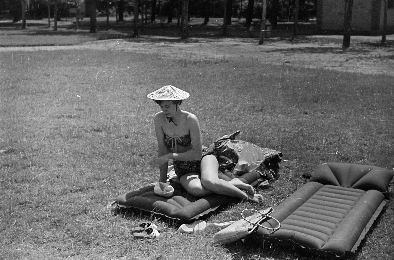 1957, Szilvási hagyaték, air mattress, straw hat, Fortepan #273705